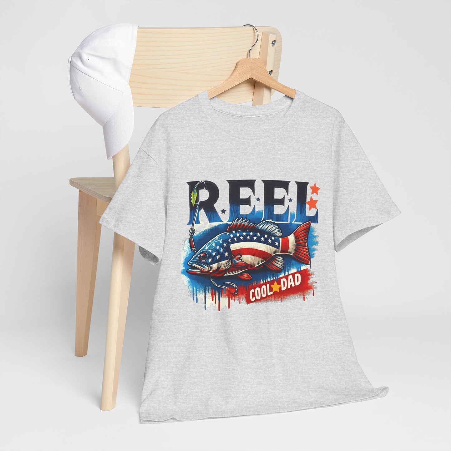 Gildan 5000 "Reel Cool Dad" Tee - Patriotic Fishing T-Shirt for Dads in Four Colors & Many Sizes