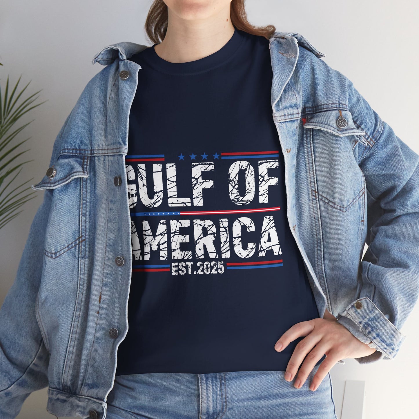 Gildan 5000 Patriotic Unisex Heavy Cotton Tee - Stars and Stripes Design "Gulf of America" Black. Asst. Sizes