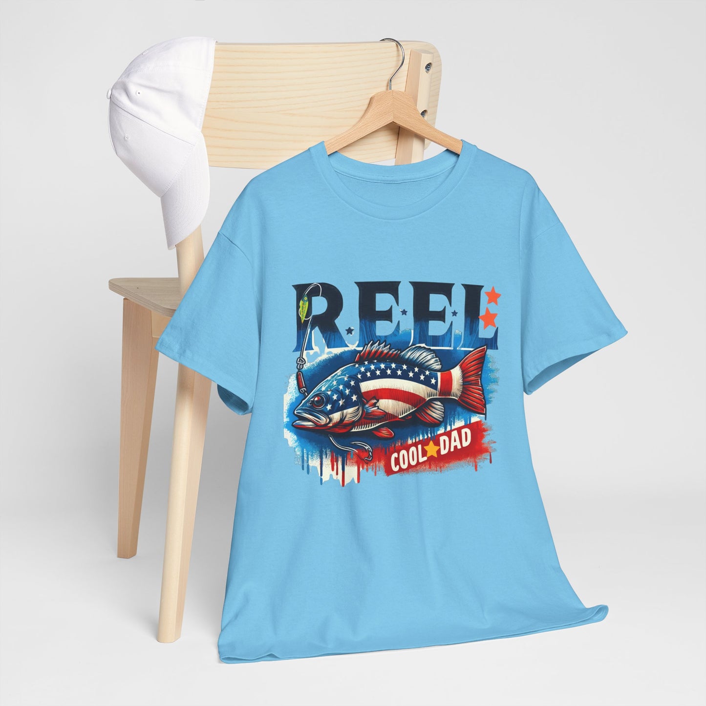 Gildan 5000 "Reel Cool Dad" Tee - Patriotic Fishing T-Shirt for Dads in Four Colors & Many Sizes