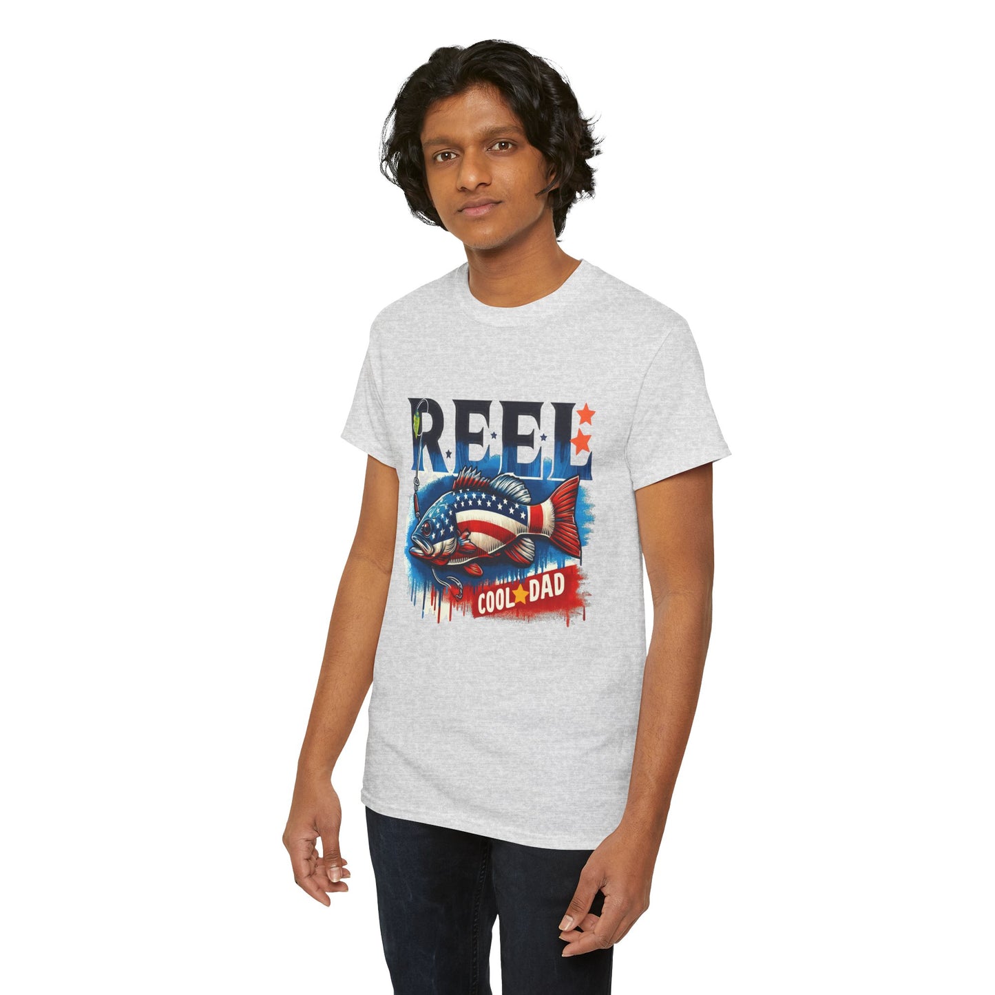 Gildan 5000 "Reel Cool Dad" Tee - Patriotic Fishing T-Shirt for Dads in Four Colors & Many Sizes