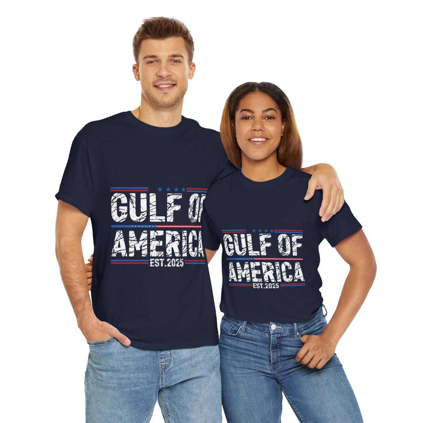 Gildan 5000 Patriotic Unisex Heavy Cotton Tee - Stars and Stripes Design "Gulf of America" Black. Asst. Sizes