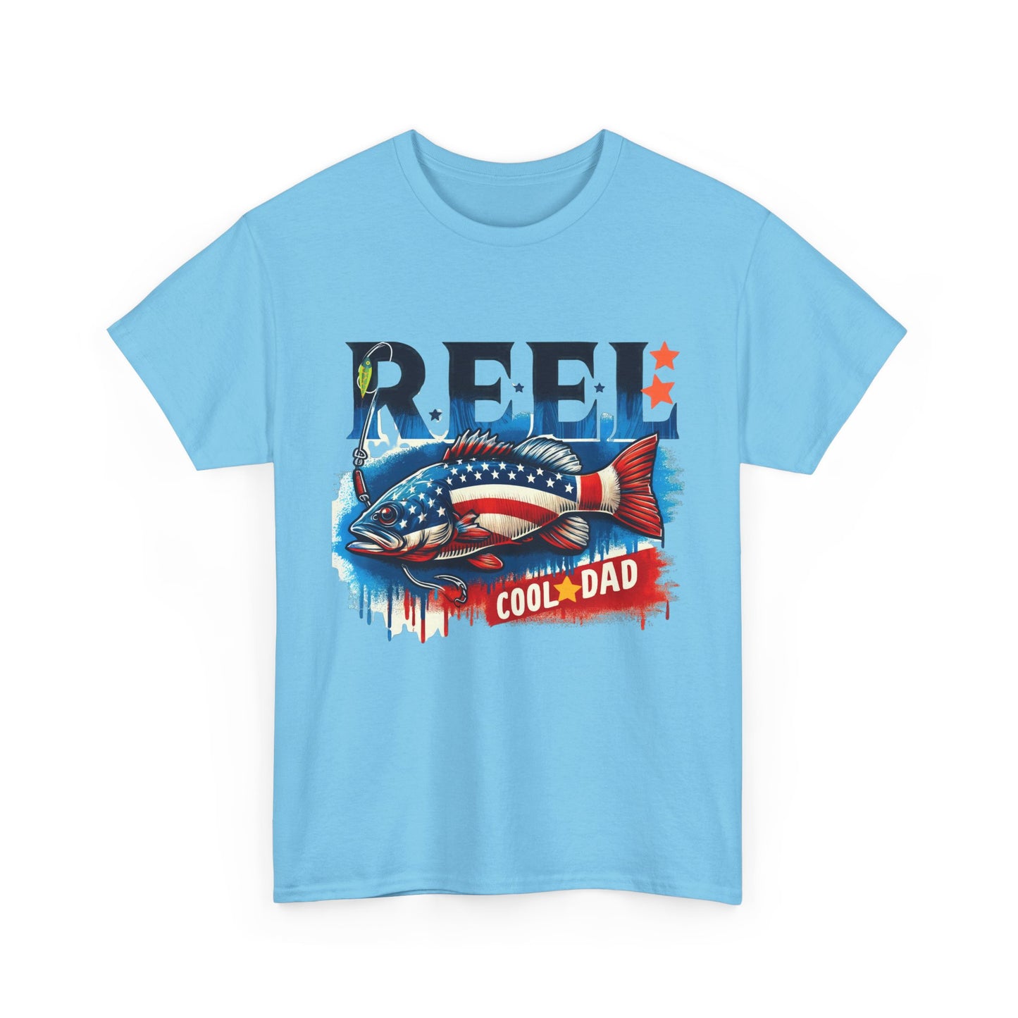 Gildan 5000 "Reel Cool Dad" Tee - Patriotic Fishing T-Shirt for Dads in Four Colors & Many Sizes