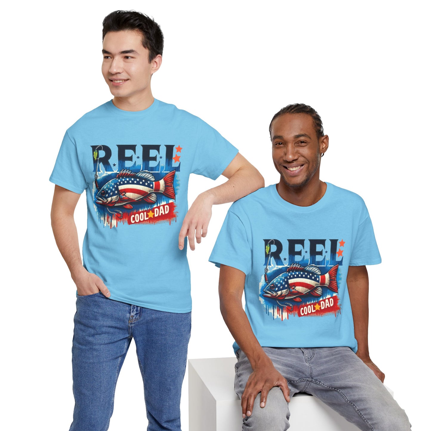 Gildan 5000 "Reel Cool Dad" Tee - Patriotic Fishing T-Shirt for Dads in Four Colors & Many Sizes