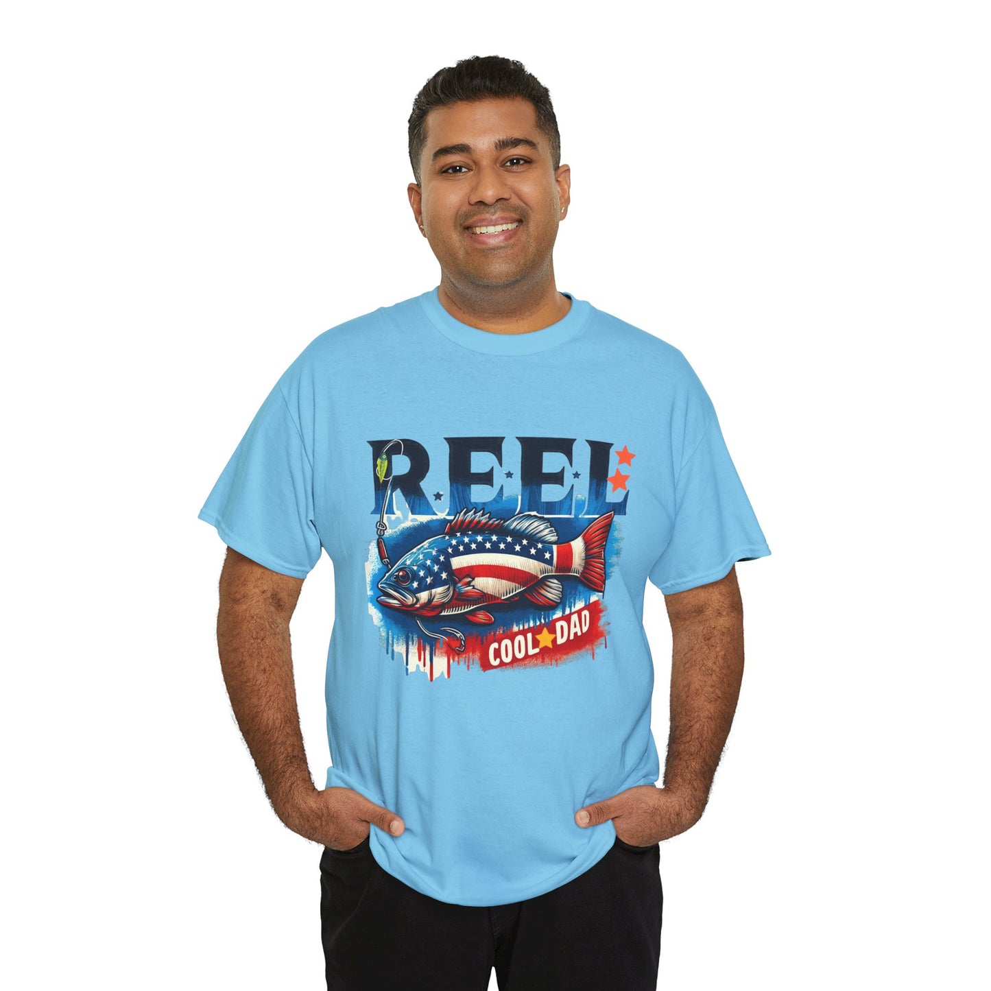 Gildan 5000 "Reel Cool Dad" Tee - Patriotic Fishing T-Shirt for Dads in Four Colors & Many Sizes