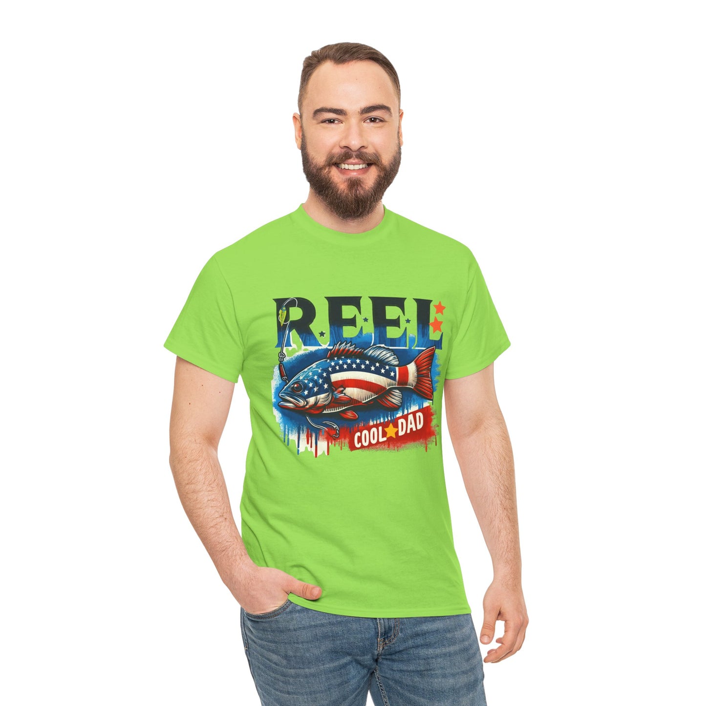 Gildan 5000 "Reel Cool Dad" Tee - Patriotic Fishing T-Shirt for Dads in Four Colors & Many Sizes