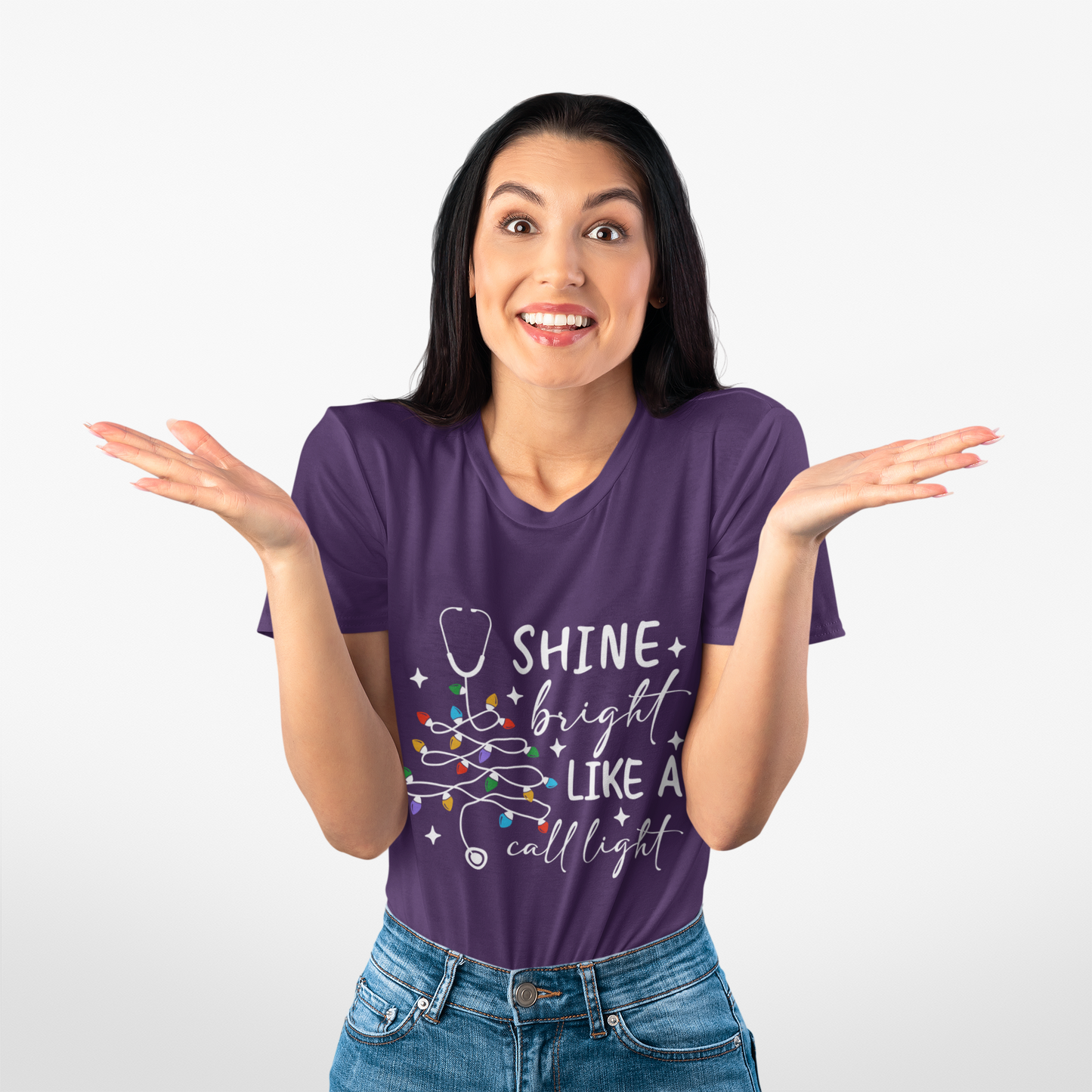 Shine Bright Like a Call Light™ | Nurse Christmas Shirt | Cute RN CNA Holiday Lights Tee | Healthcare Worker Christmas Gift