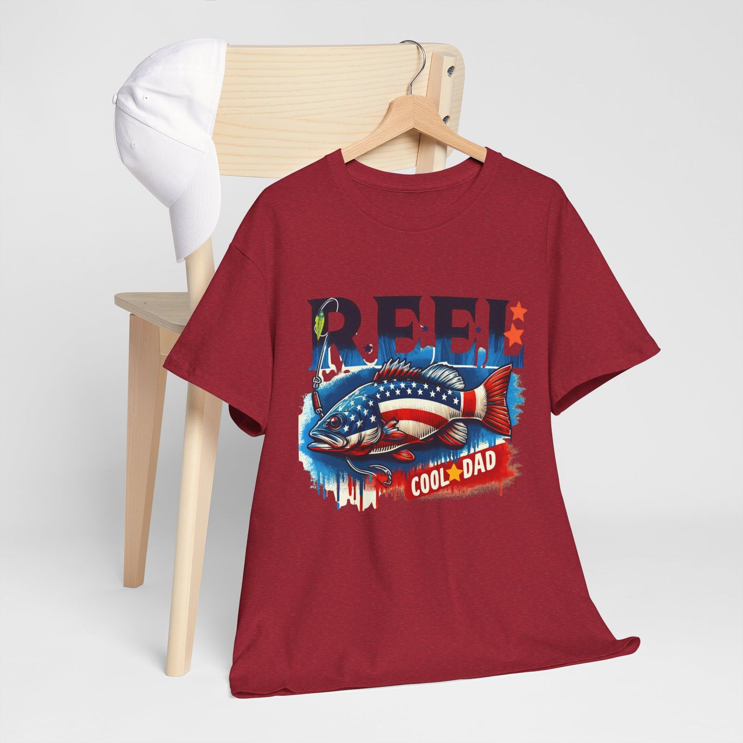Gildan 5000 "Reel Cool Dad" Tee - Patriotic Fishing T-Shirt for Dads in Four Colors & Many Sizes