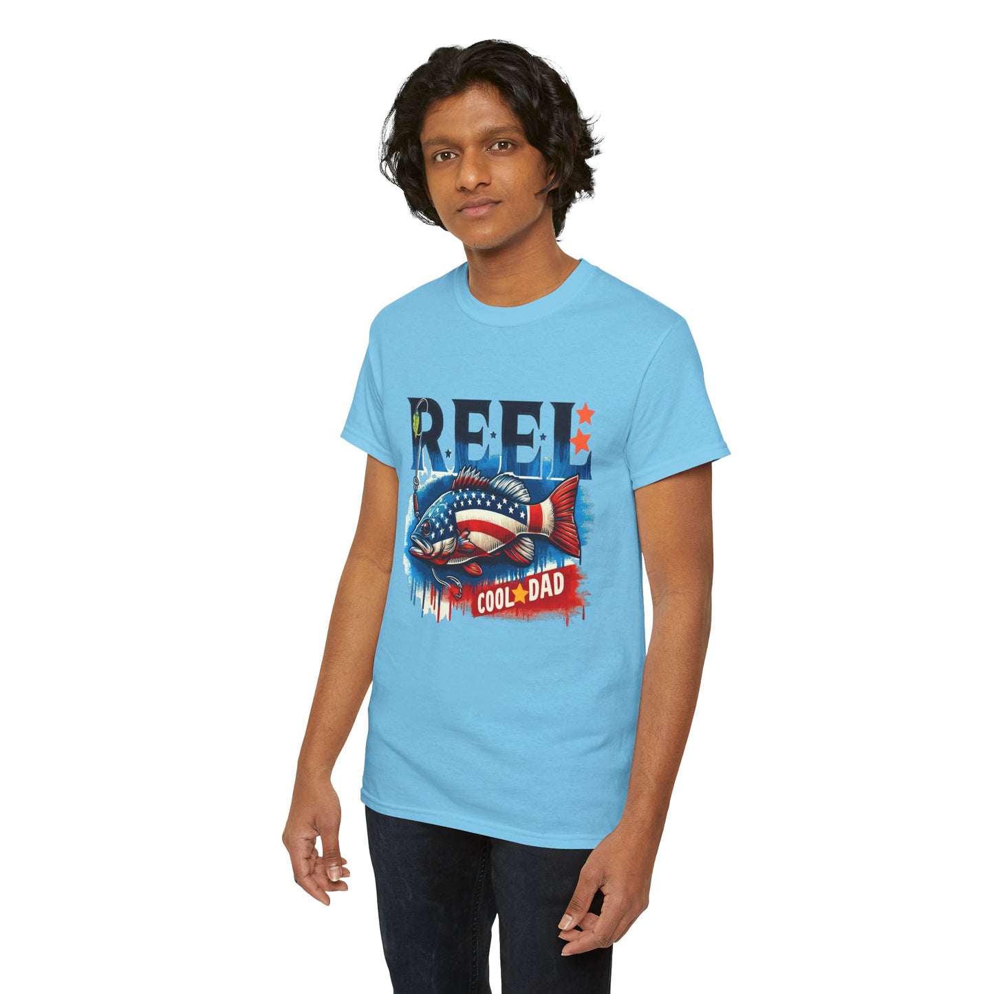 Gildan 5000 "Reel Cool Dad" Tee - Patriotic Fishing T-Shirt for Dads in Four Colors & Many Sizes