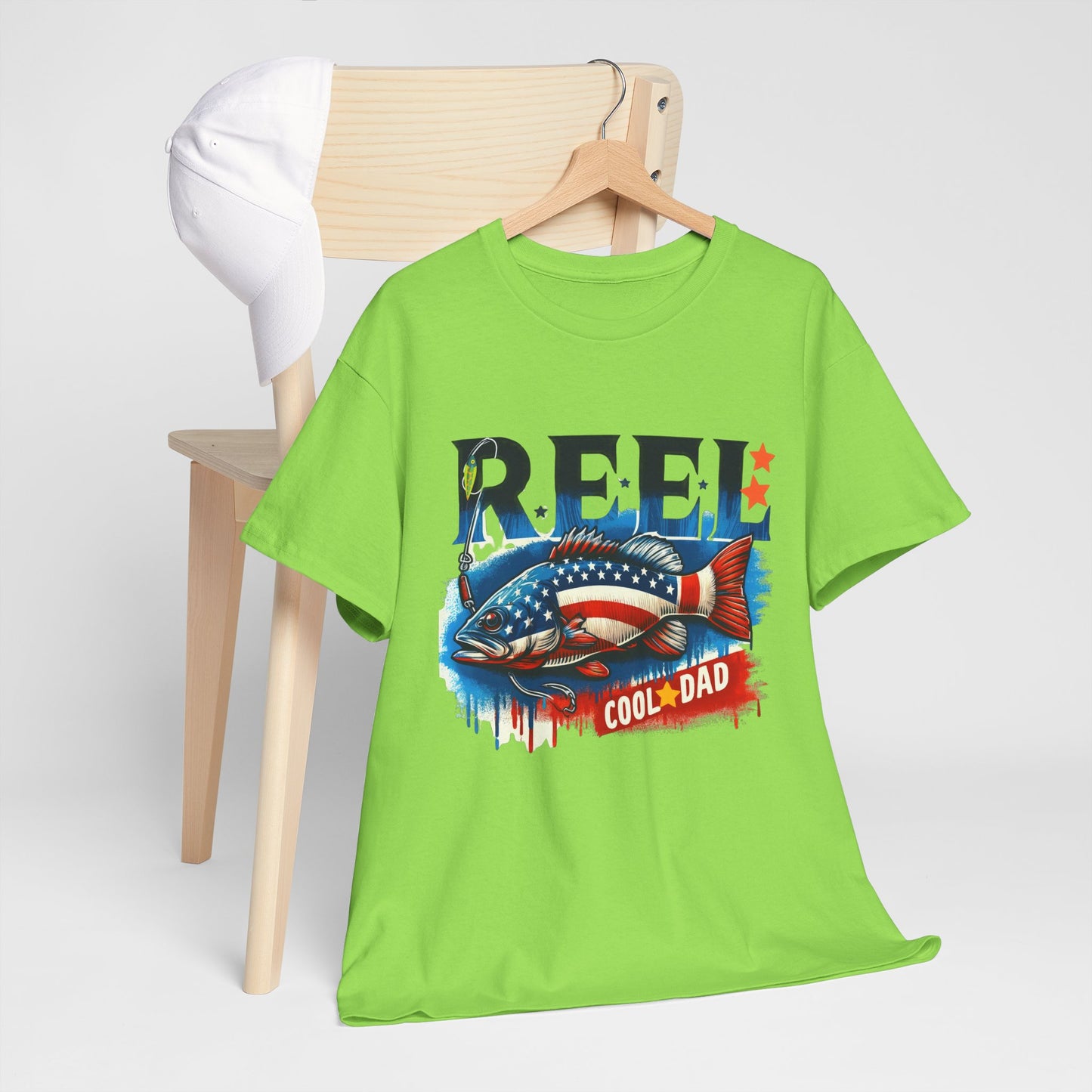 Gildan 5000 "Reel Cool Dad" Tee - Patriotic Fishing T-Shirt for Dads in Four Colors & Many Sizes