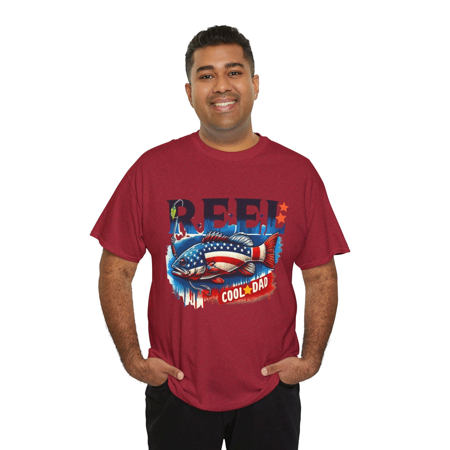 Gildan 5000 "Reel Cool Dad" Tee - Patriotic Fishing T-Shirt for Dads in Four Colors & Many Sizes