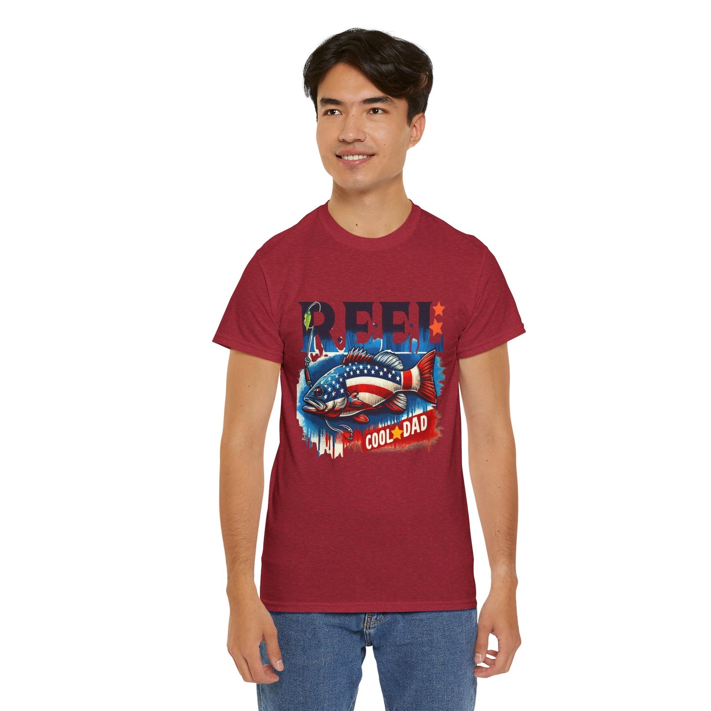 Gildan 5000 "Reel Cool Dad" Tee - Patriotic Fishing T-Shirt for Dads in Four Colors & Many Sizes