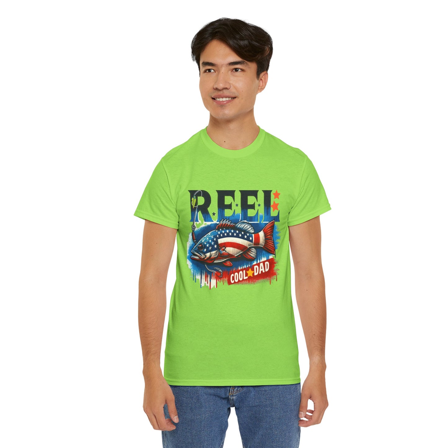 Gildan 5000 "Reel Cool Dad" Tee - Patriotic Fishing T-Shirt for Dads in Four Colors & Many Sizes