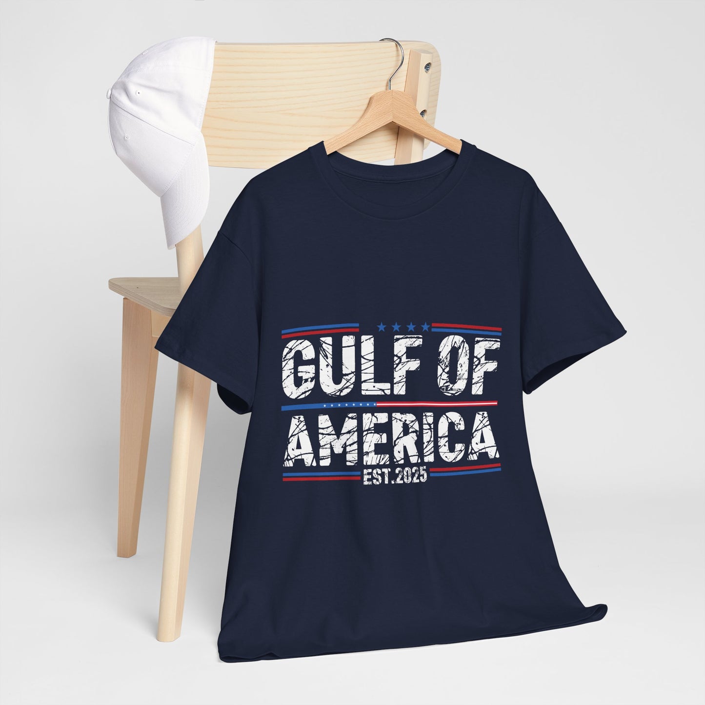 Gildan 5000 Patriotic Unisex Heavy Cotton Tee - Stars and Stripes Design "Gulf of America" Black. Asst. Sizes