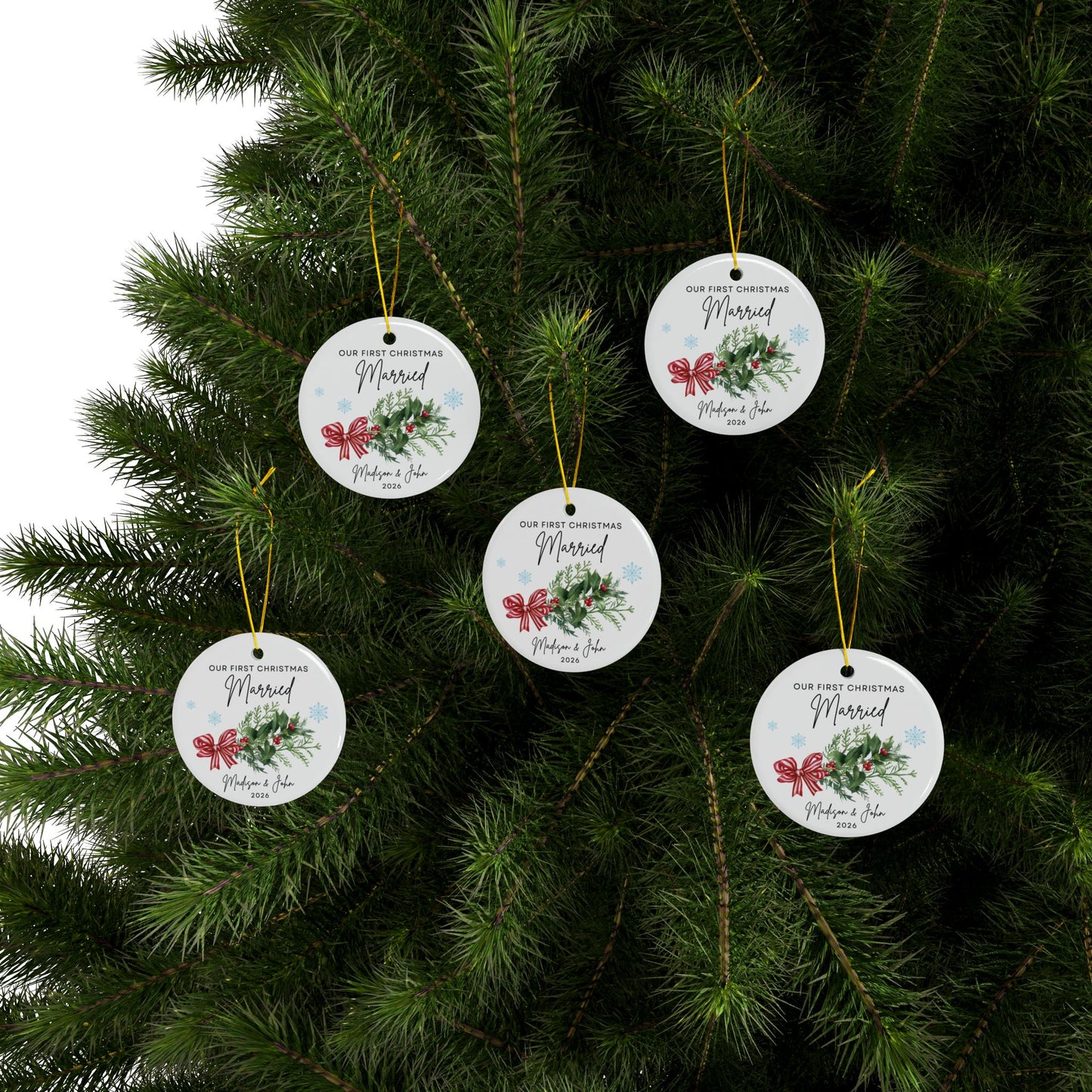 First Christmas Married Ceramic Ornament — Personalized Couple Keepsake (Two-Sided)