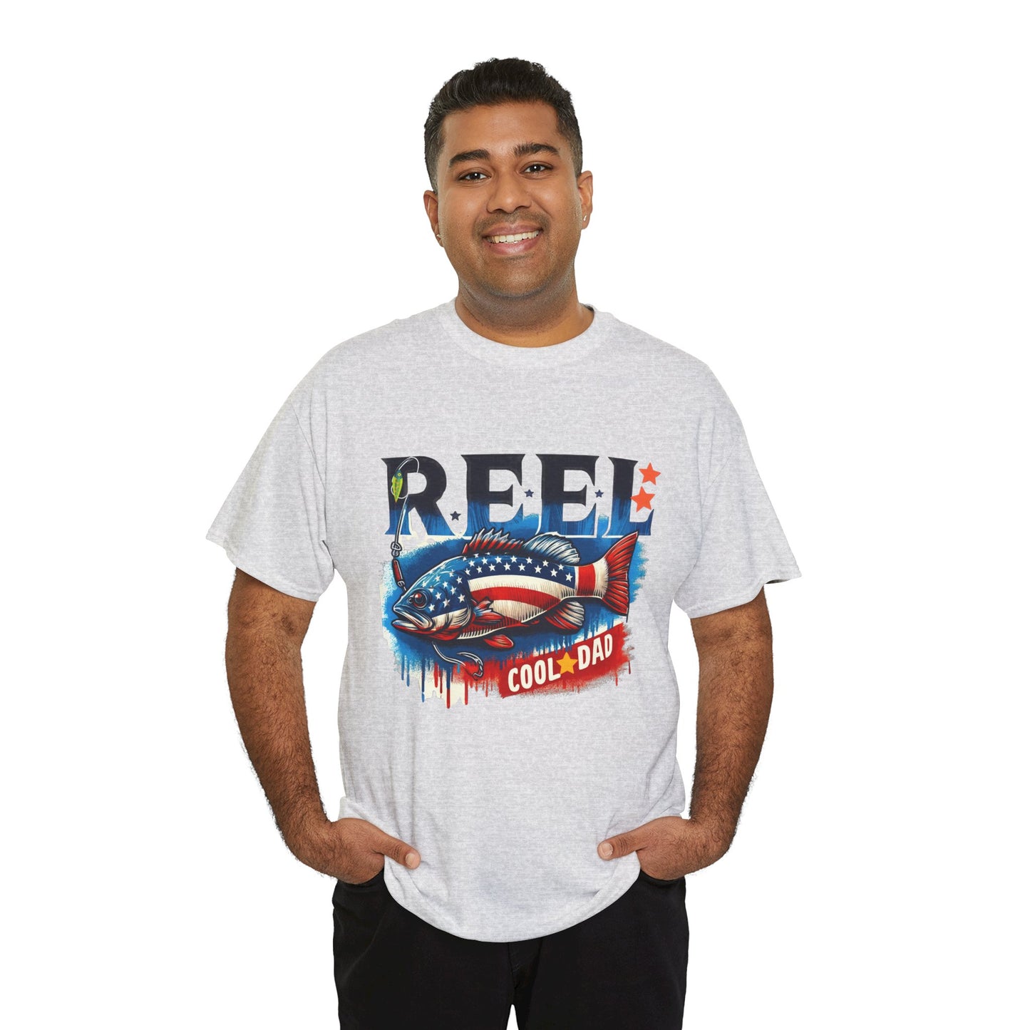 Gildan 5000 "Reel Cool Dad" Tee - Patriotic Fishing T-Shirt for Dads in Four Colors & Many Sizes