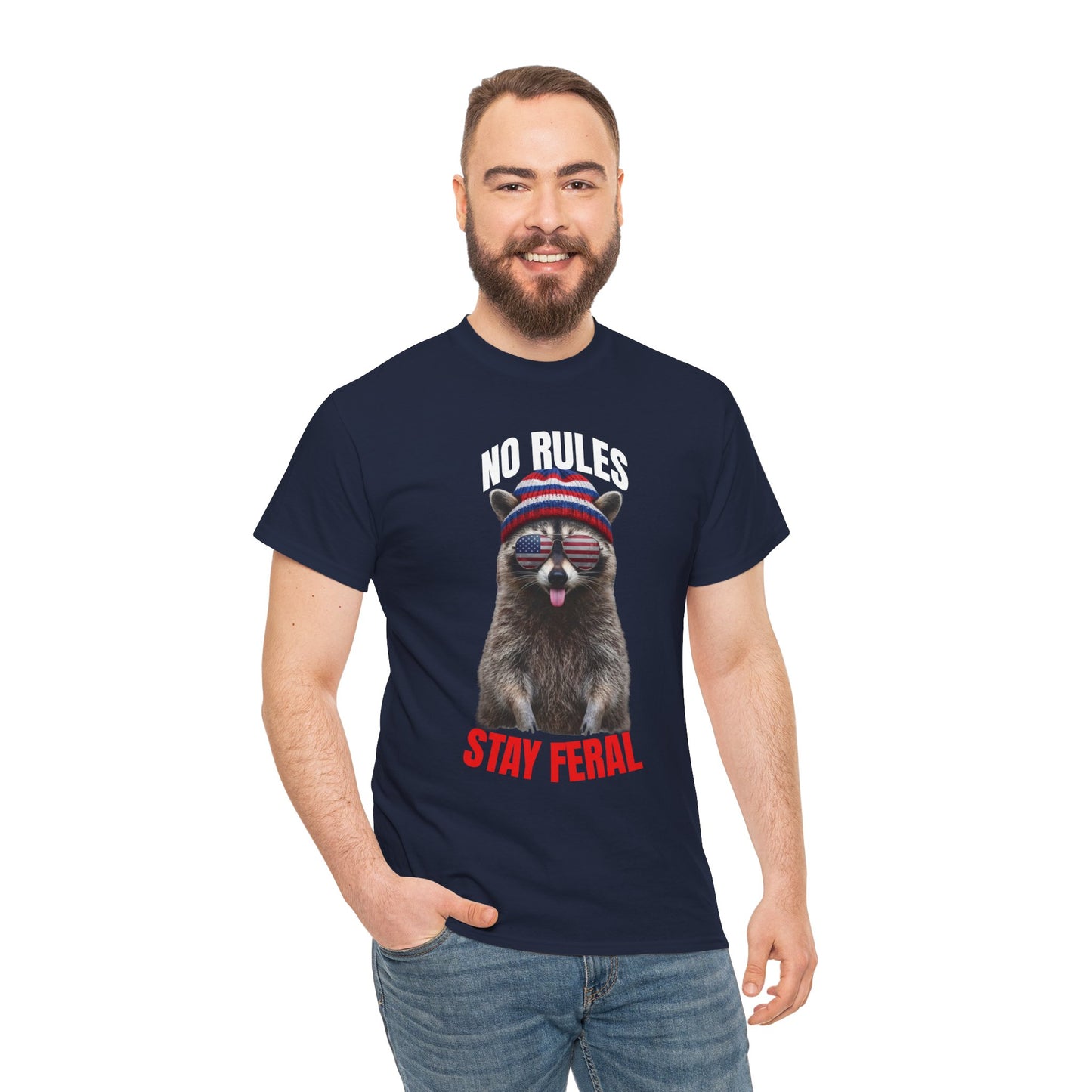 No Rules Stay Feral Raccoon T-Shirt – Funny Patriotic Animal Graphic Tee