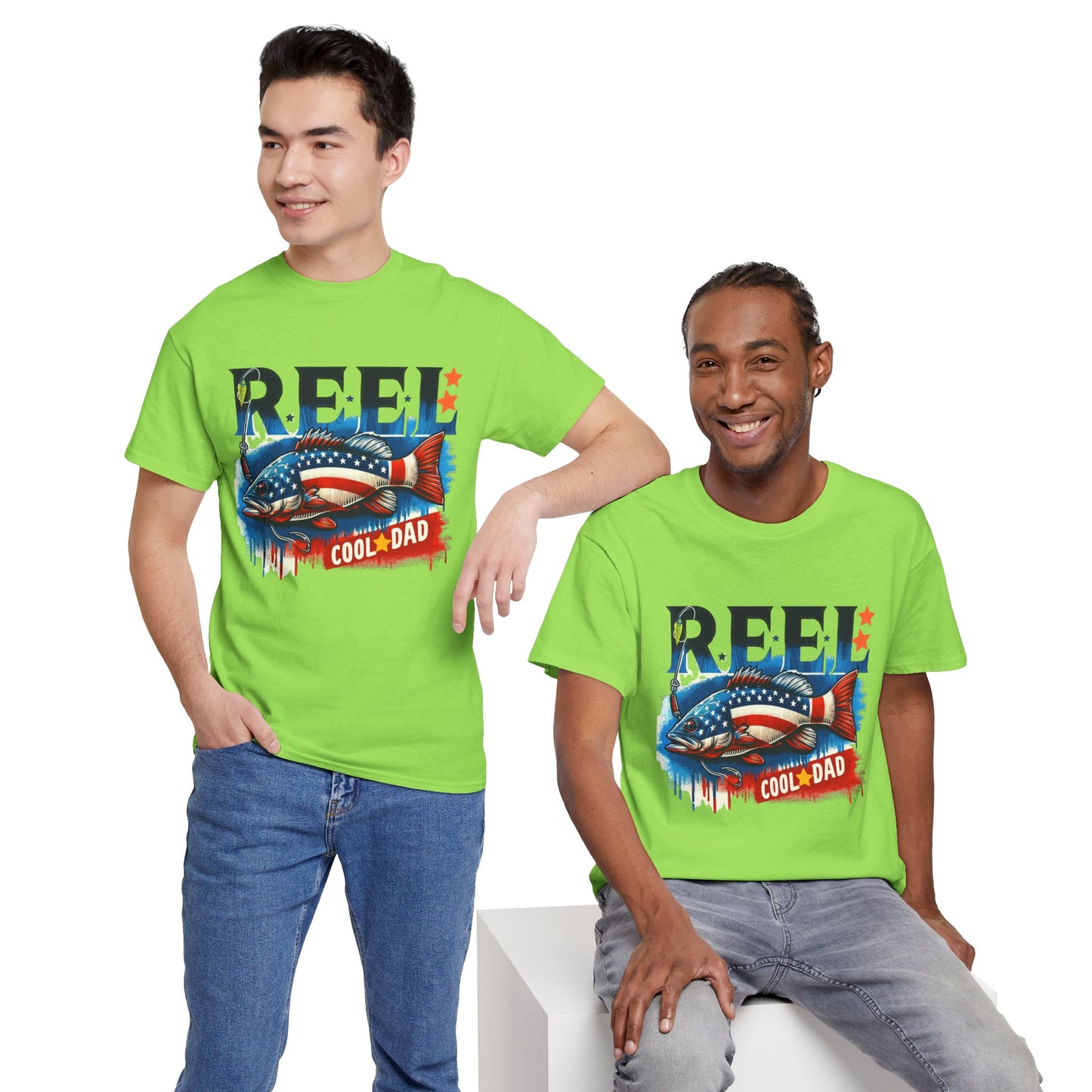 Gildan 5000 "Reel Cool Dad" Tee - Patriotic Fishing T-Shirt for Dads in Four Colors & Many Sizes