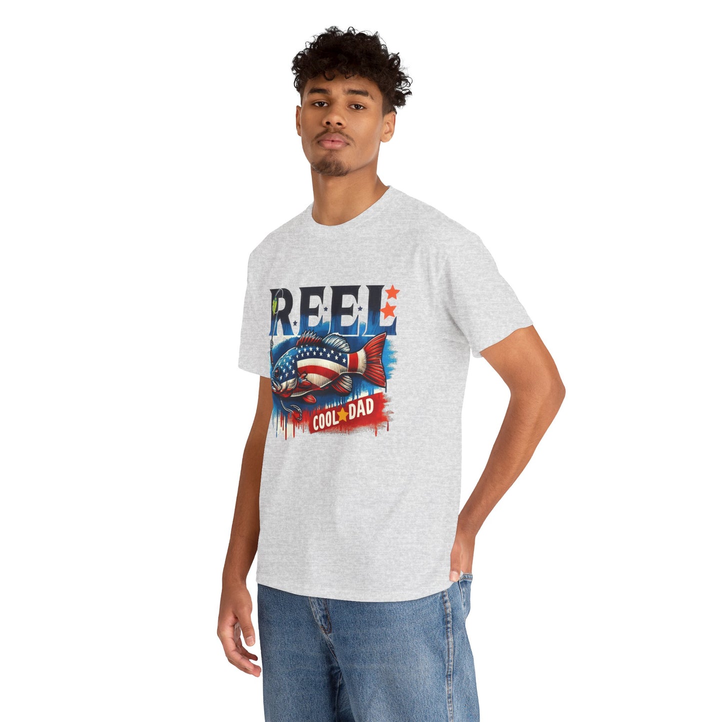 Gildan 5000 "Reel Cool Dad" Tee - Patriotic Fishing T-Shirt for Dads in Four Colors & Many Sizes