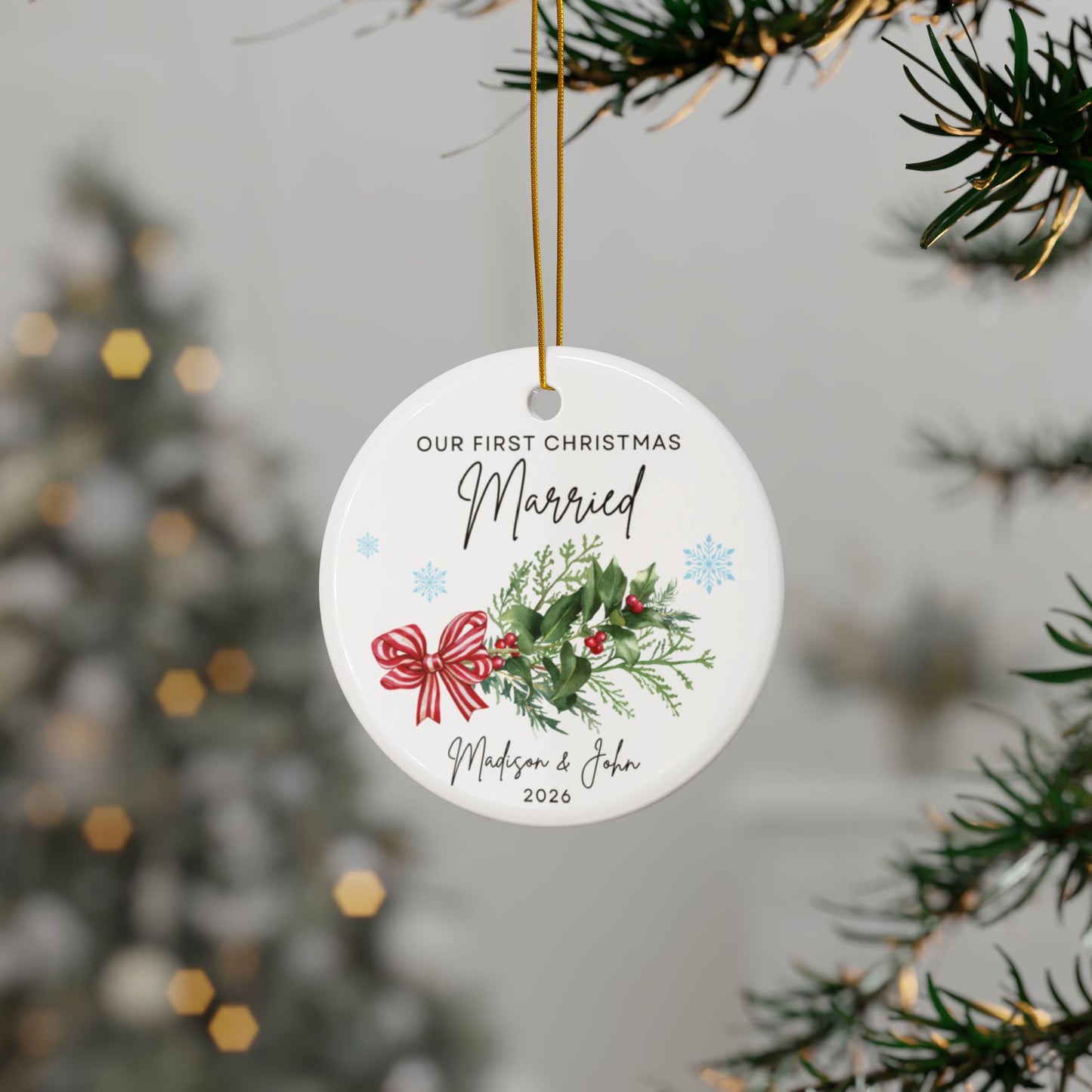 First Christmas Married Ceramic Ornament — Personalized Couple Keepsake (Two-Sided)