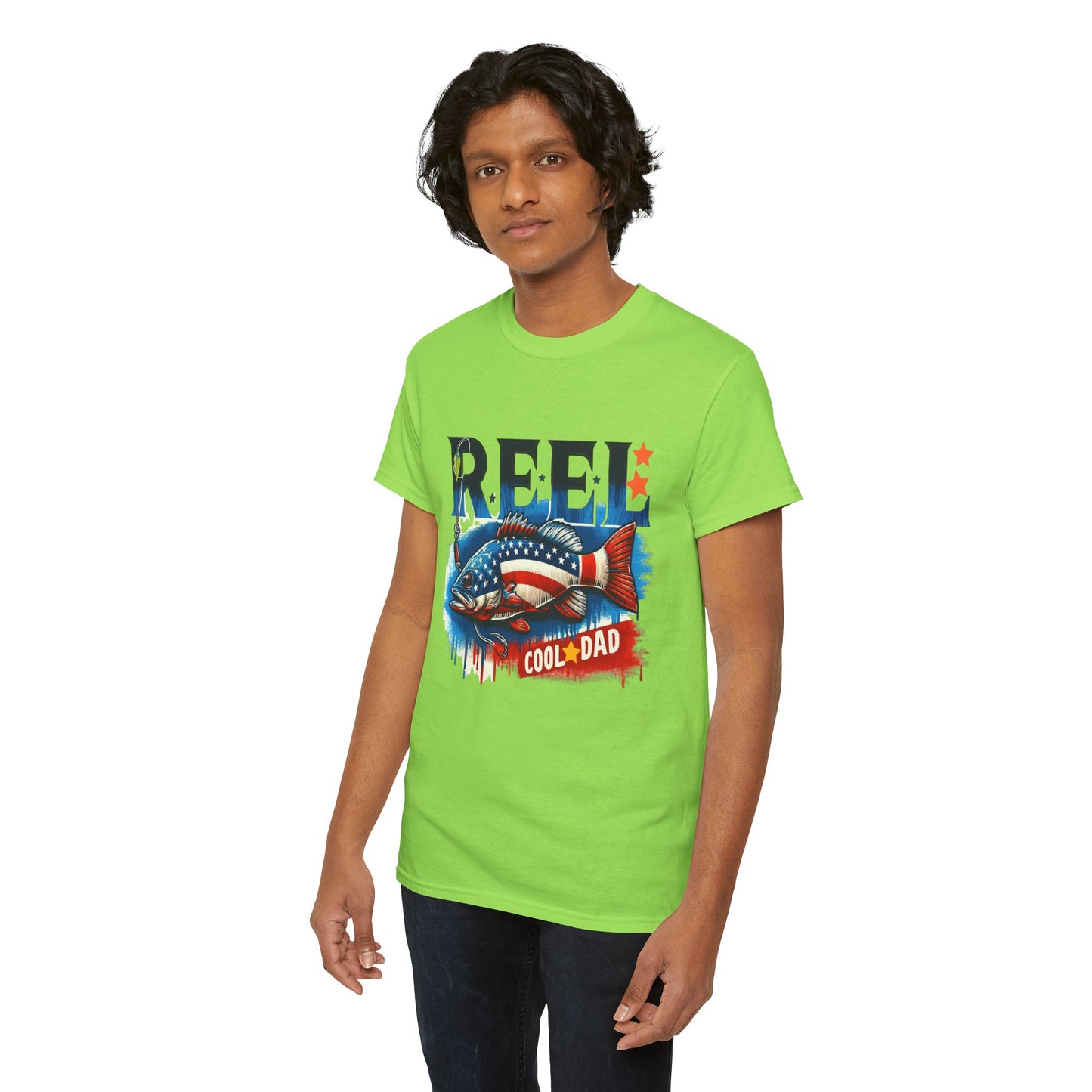 Gildan 5000 "Reel Cool Dad" Tee - Patriotic Fishing T-Shirt for Dads in Four Colors & Many Sizes