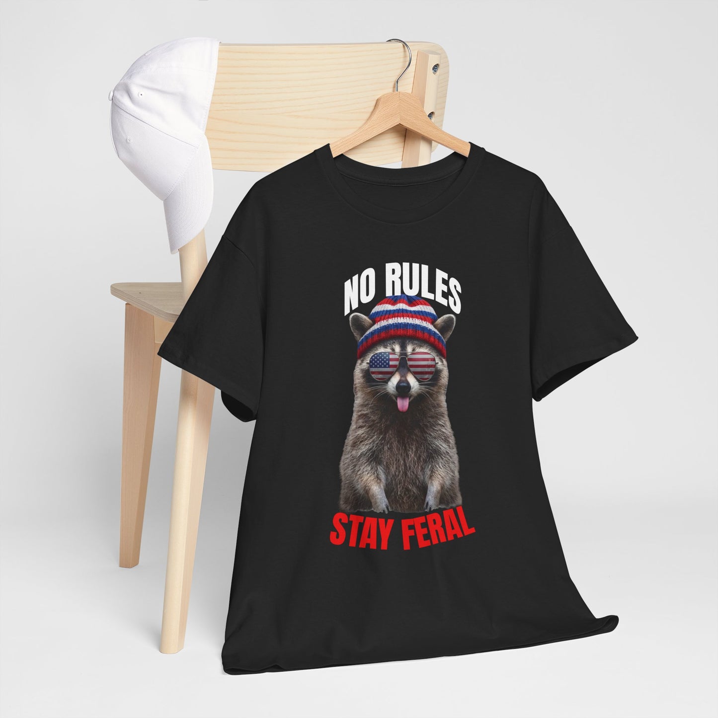 No Rules Stay Feral Raccoon T-Shirt – Funny Patriotic Animal Graphic Tee
