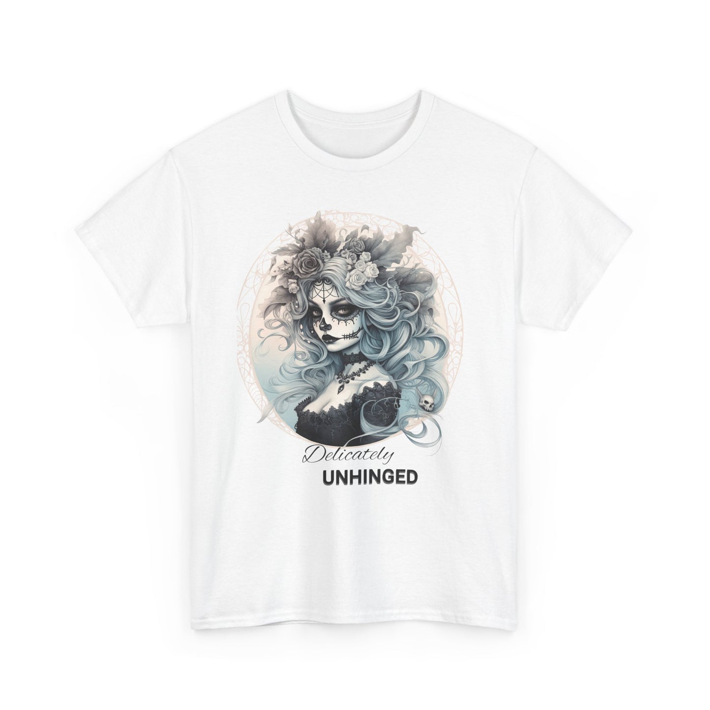 Delicately Unhinged Gothic T-Shirt – Gray Design on Black Tee
