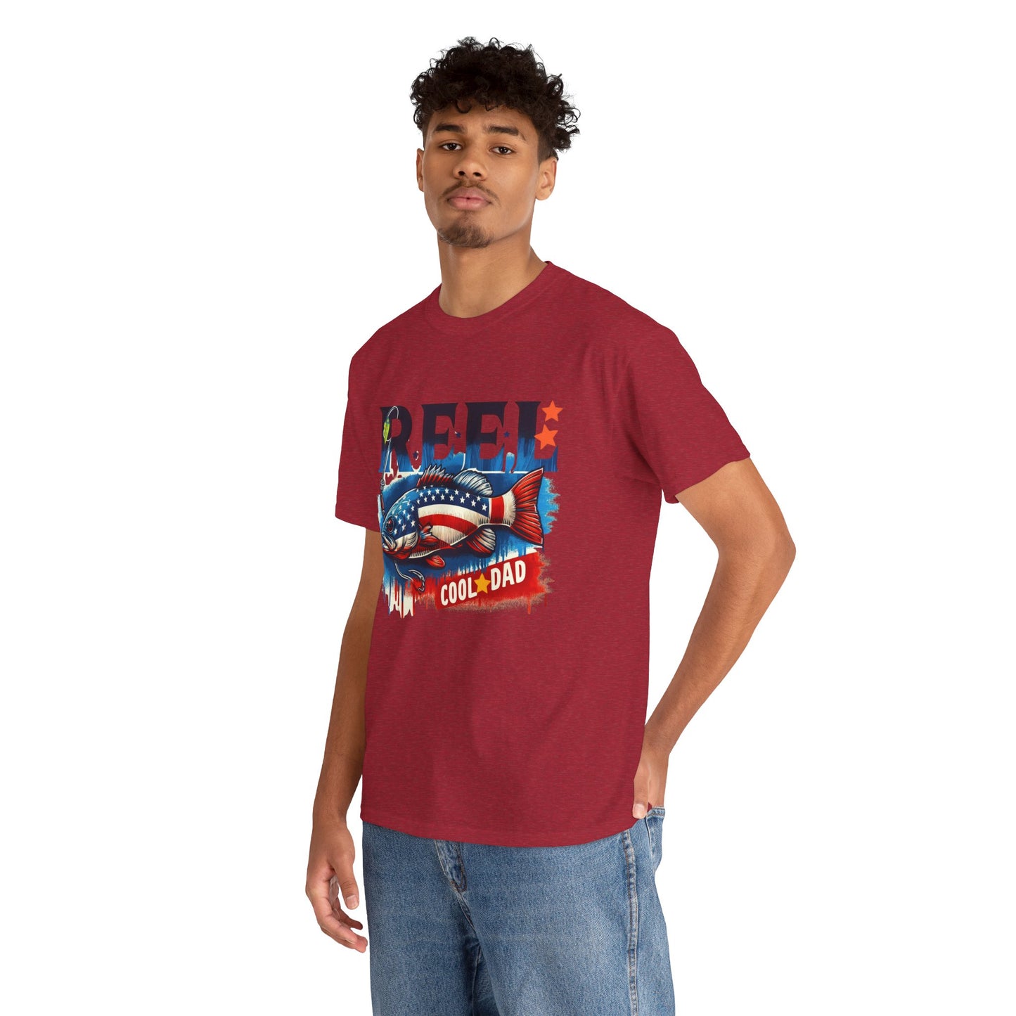 Gildan 5000 "Reel Cool Dad" Tee - Patriotic Fishing T-Shirt for Dads in Four Colors & Many Sizes