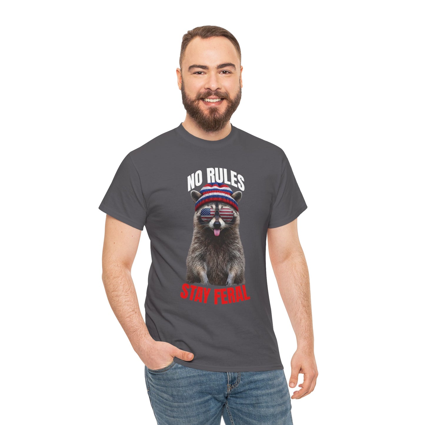 No Rules Stay Feral Raccoon T-Shirt – Funny Patriotic Animal Graphic Tee