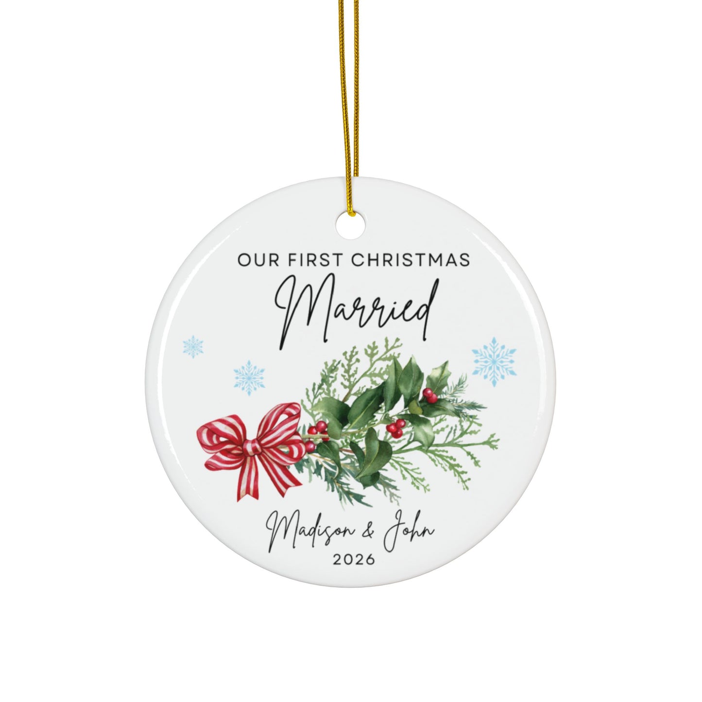 First Christmas Married Ceramic Ornament — Personalized Couple Keepsake (Two-Sided)