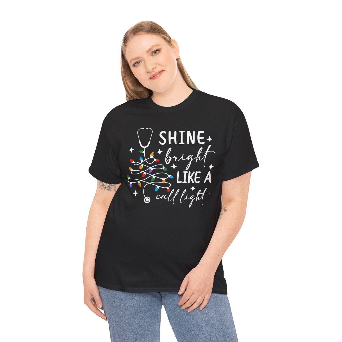 Shine Bright Like a Call Light™ | Nurse Christmas Shirt | Cute RN CNA Holiday Lights Tee | Healthcare Worker Christmas Gift