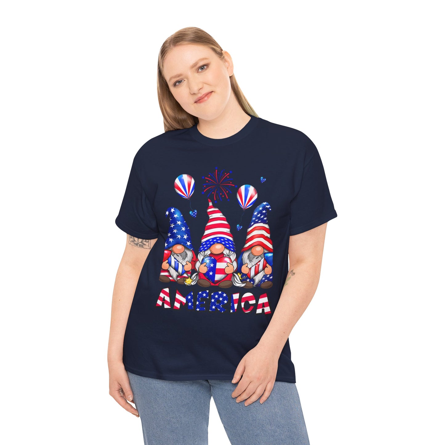 Gildan 5000 Patriotic Gnome Unisex Heavy Cotton Tee for Independence Day Asst. Colors & Sizes