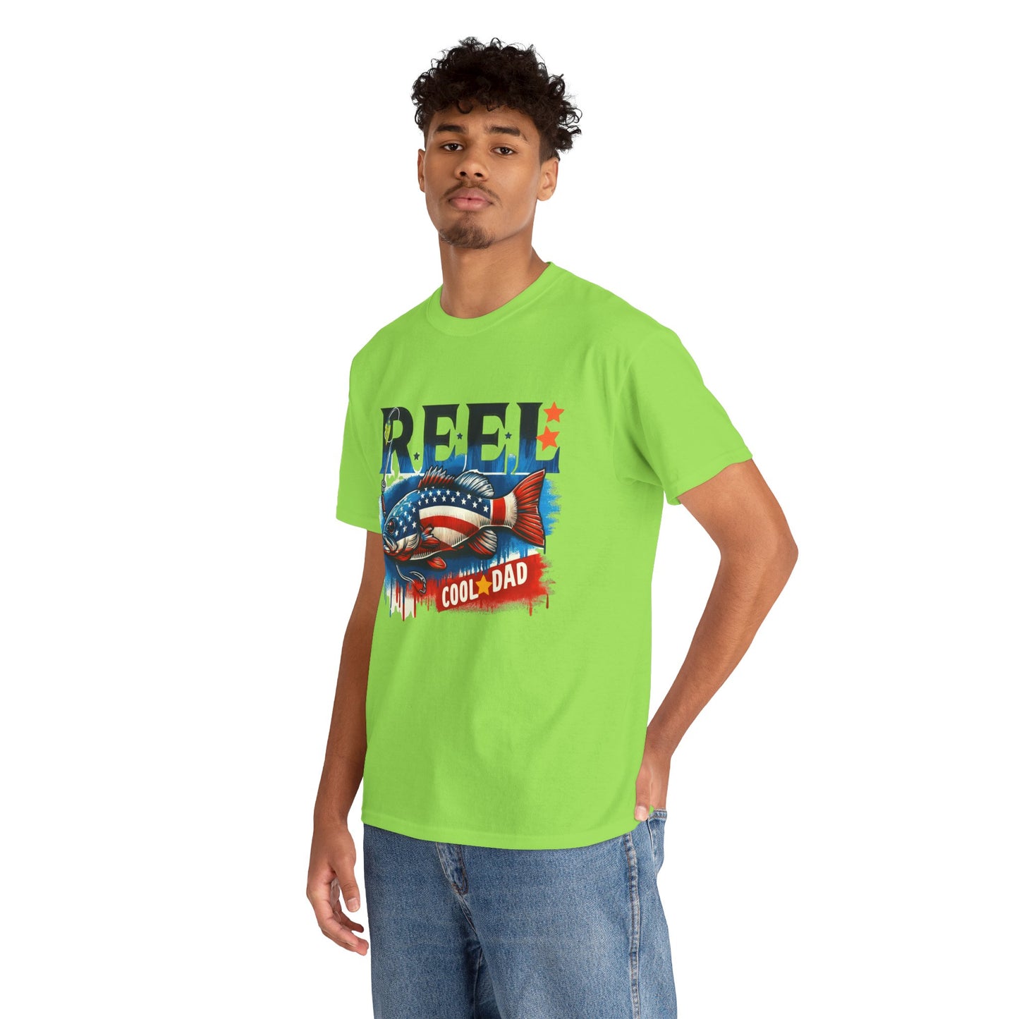 Gildan 5000 "Reel Cool Dad" Tee - Patriotic Fishing T-Shirt for Dads in Four Colors & Many Sizes
