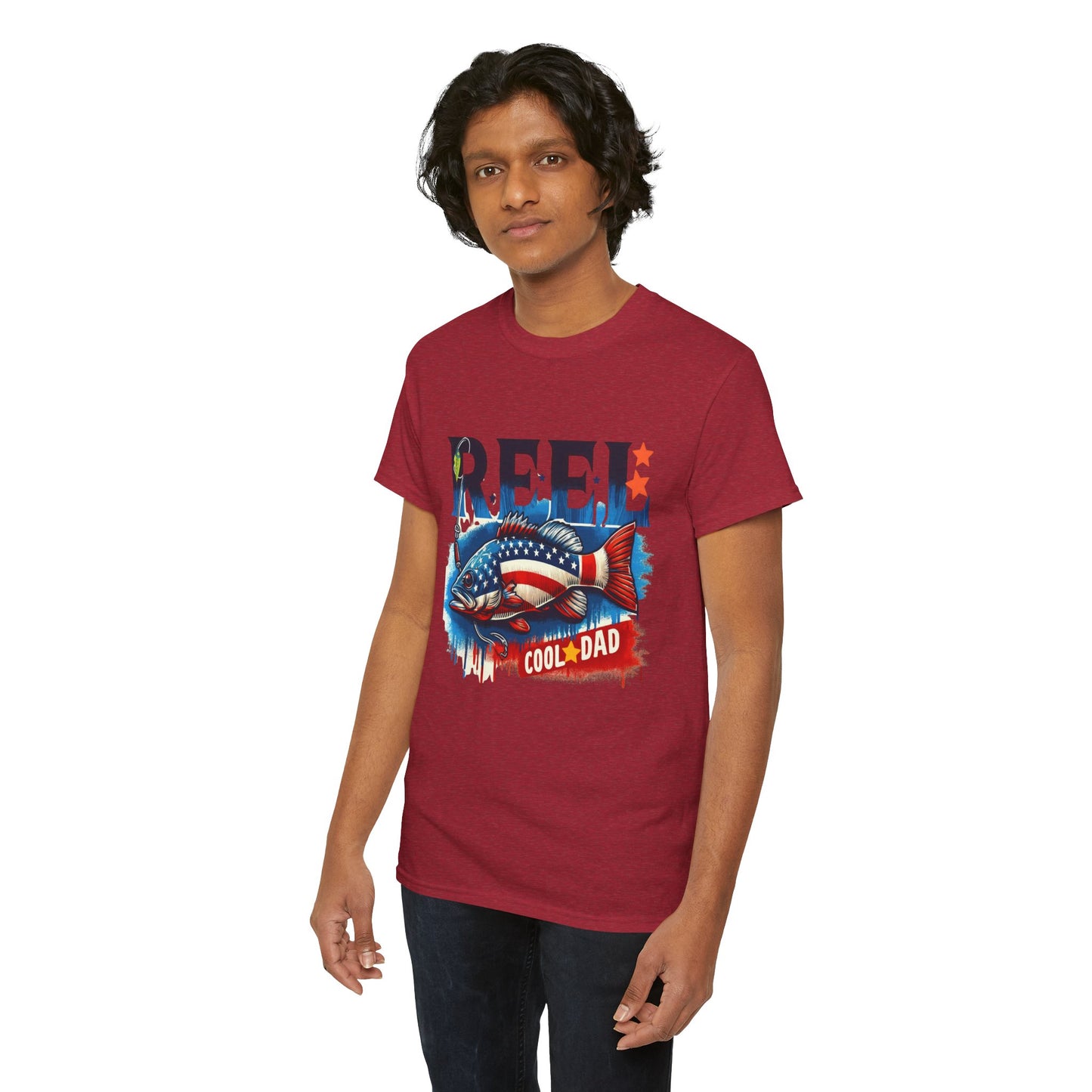 Gildan 5000 "Reel Cool Dad" Tee - Patriotic Fishing T-Shirt for Dads in Four Colors & Many Sizes