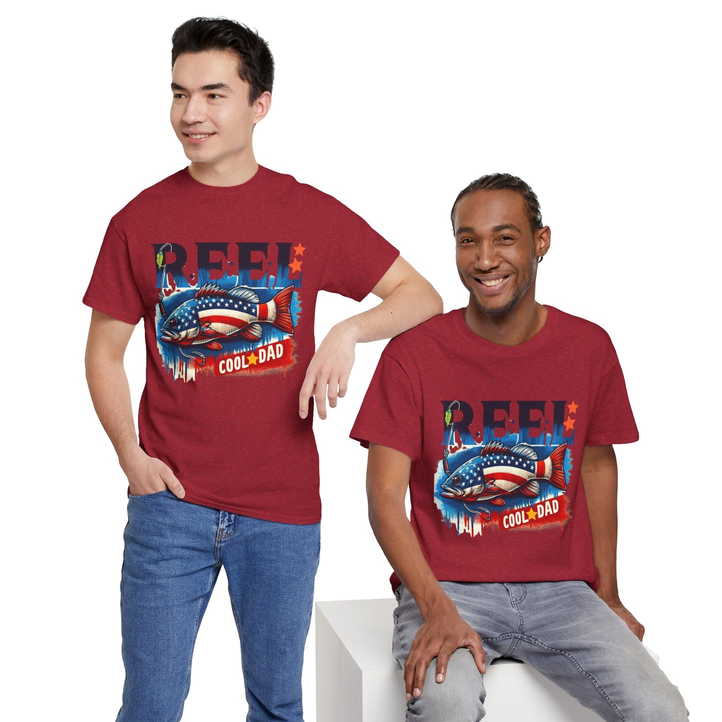 Gildan 5000 "Reel Cool Dad" Tee - Patriotic Fishing T-Shirt for Dads in Four Colors & Many Sizes