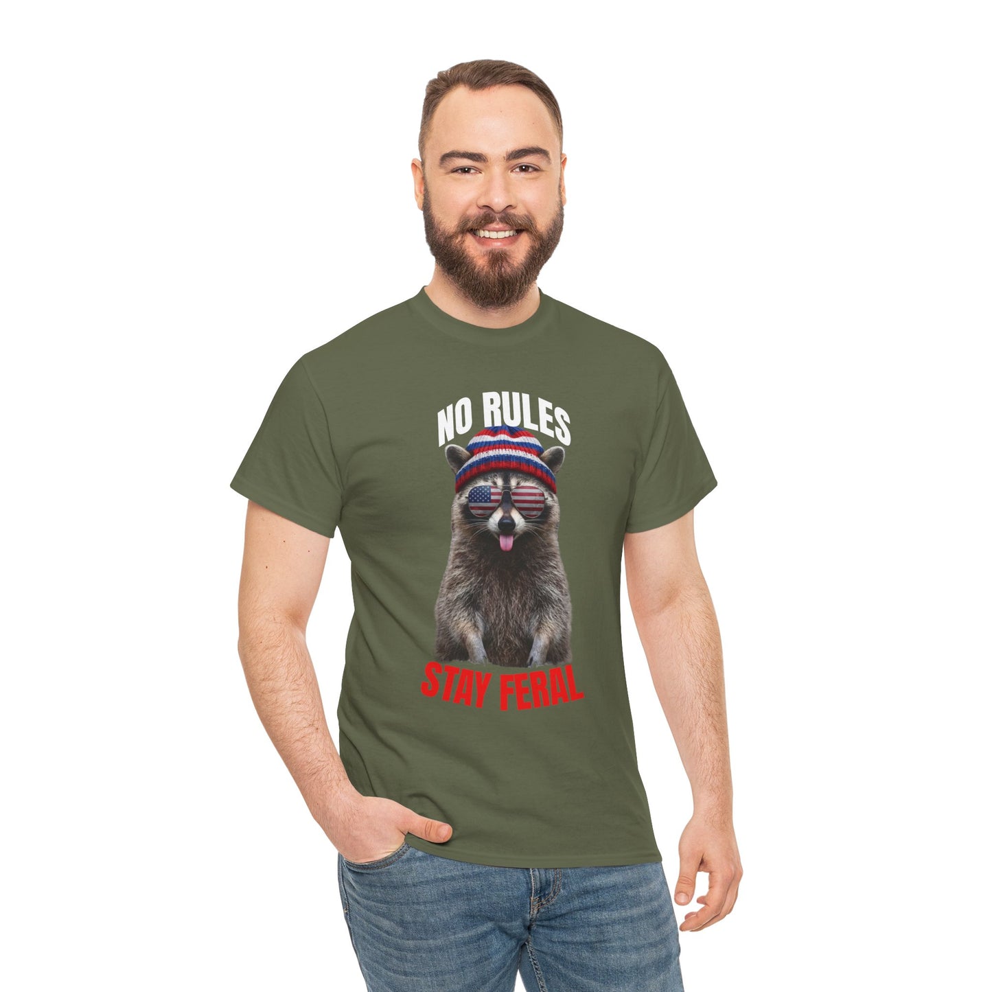 No Rules Stay Feral Raccoon T-Shirt – Funny Patriotic Animal Graphic Tee