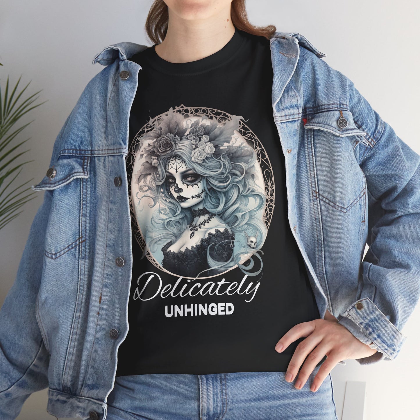 Delicately Unhinged Gothic T-Shirt – Gray Design on Black Tee