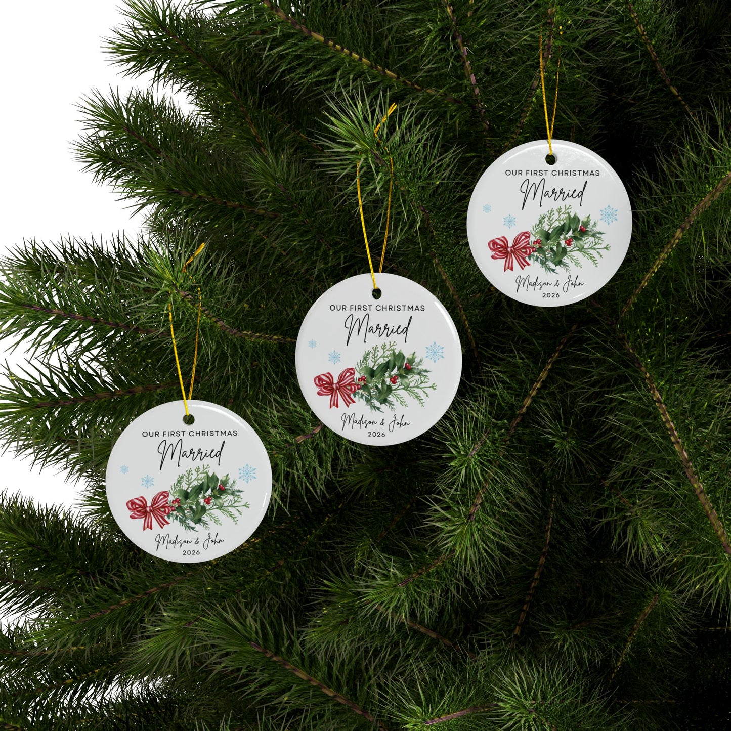 First Christmas Married Ceramic Ornament — Personalized Couple Keepsake (Two-Sided)