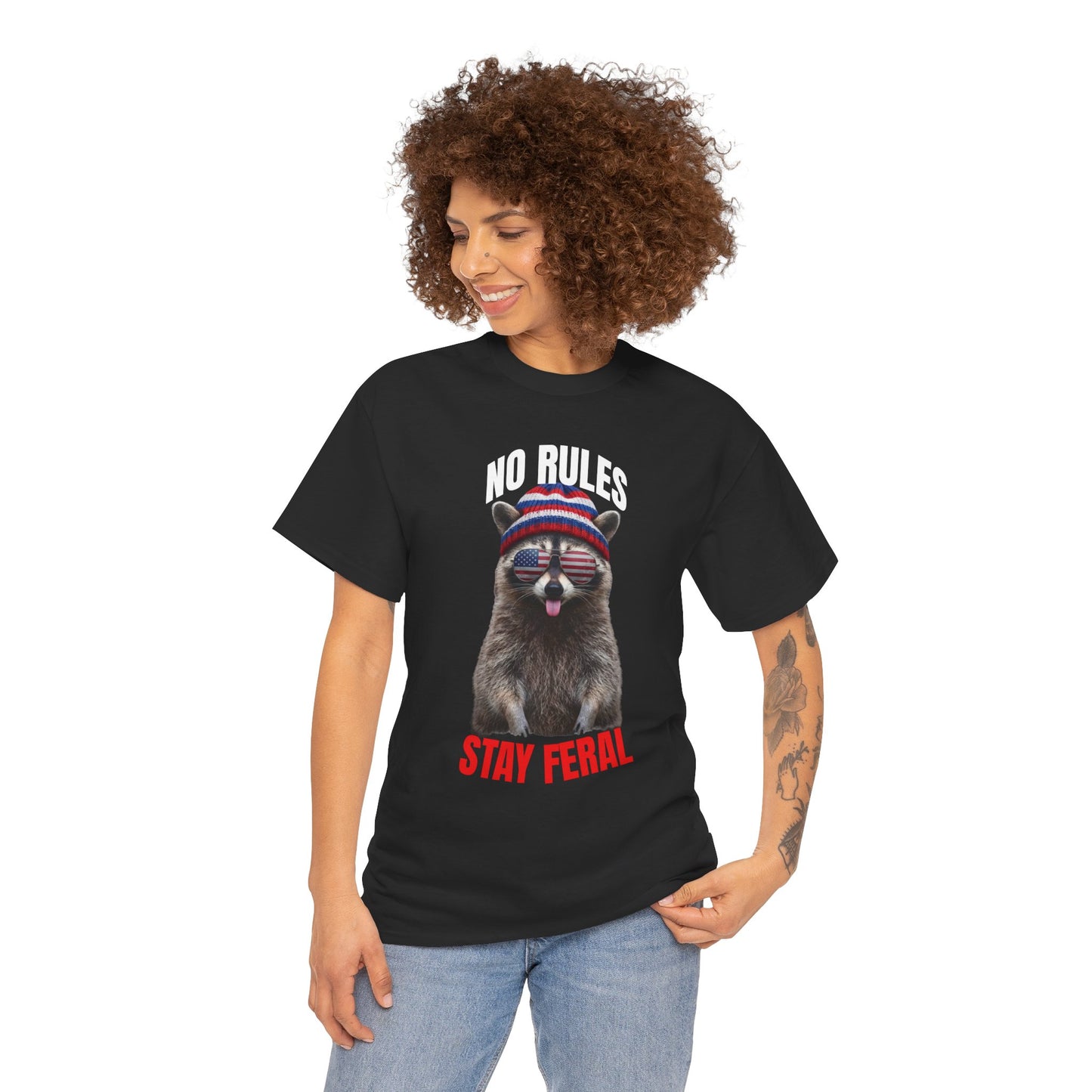 No Rules Stay Feral Raccoon T-Shirt – Funny Patriotic Animal Graphic Tee