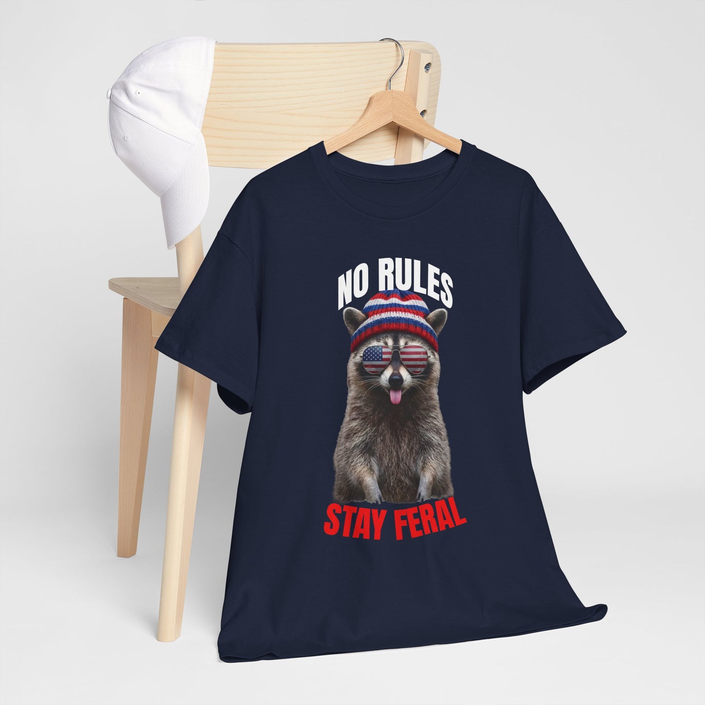 No Rules Stay Feral Raccoon T-Shirt – Funny Patriotic Animal Graphic Tee