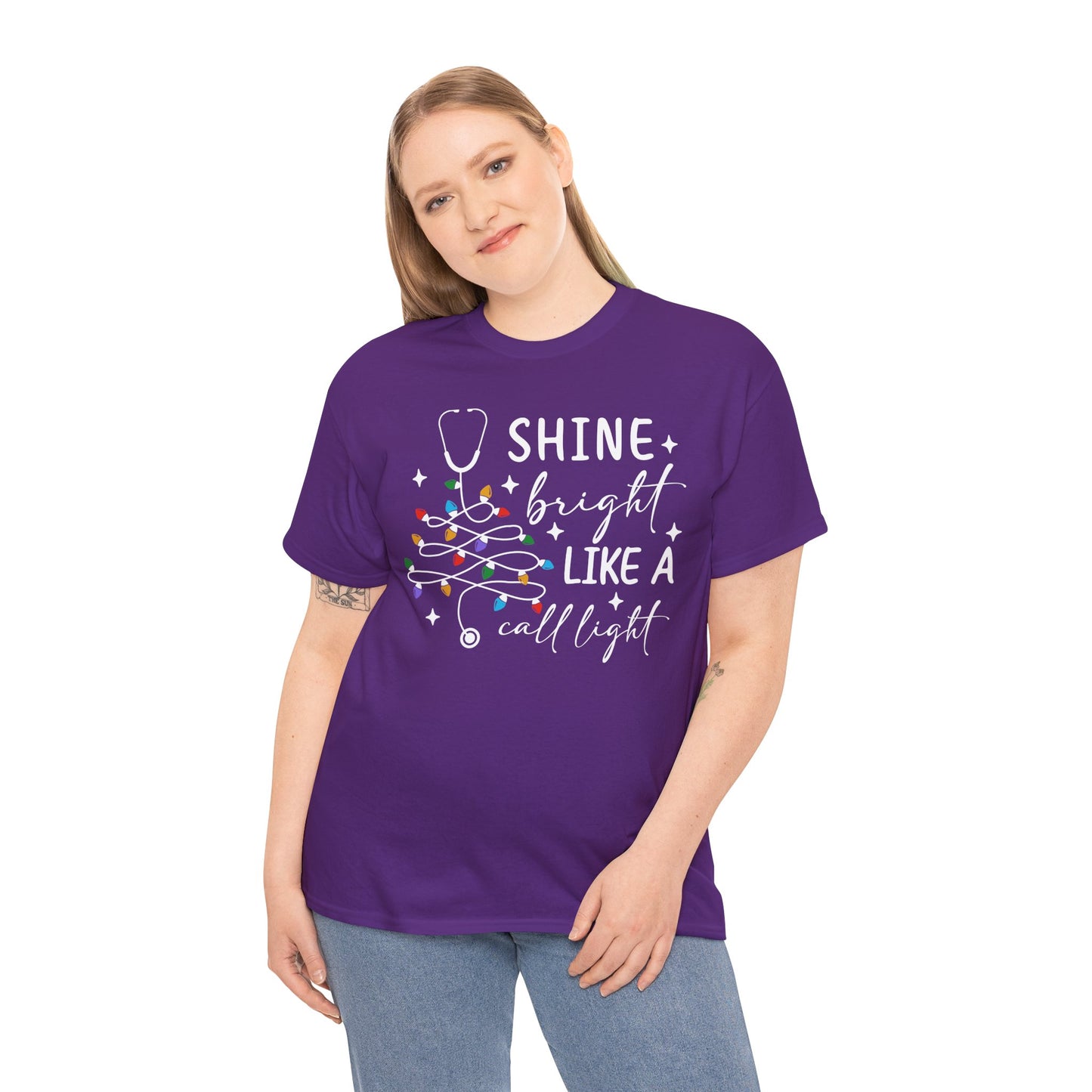 Shine Bright Like a Call Light™ | Nurse Christmas Shirt | Cute RN CNA Holiday Lights Tee | Healthcare Worker Christmas Gift