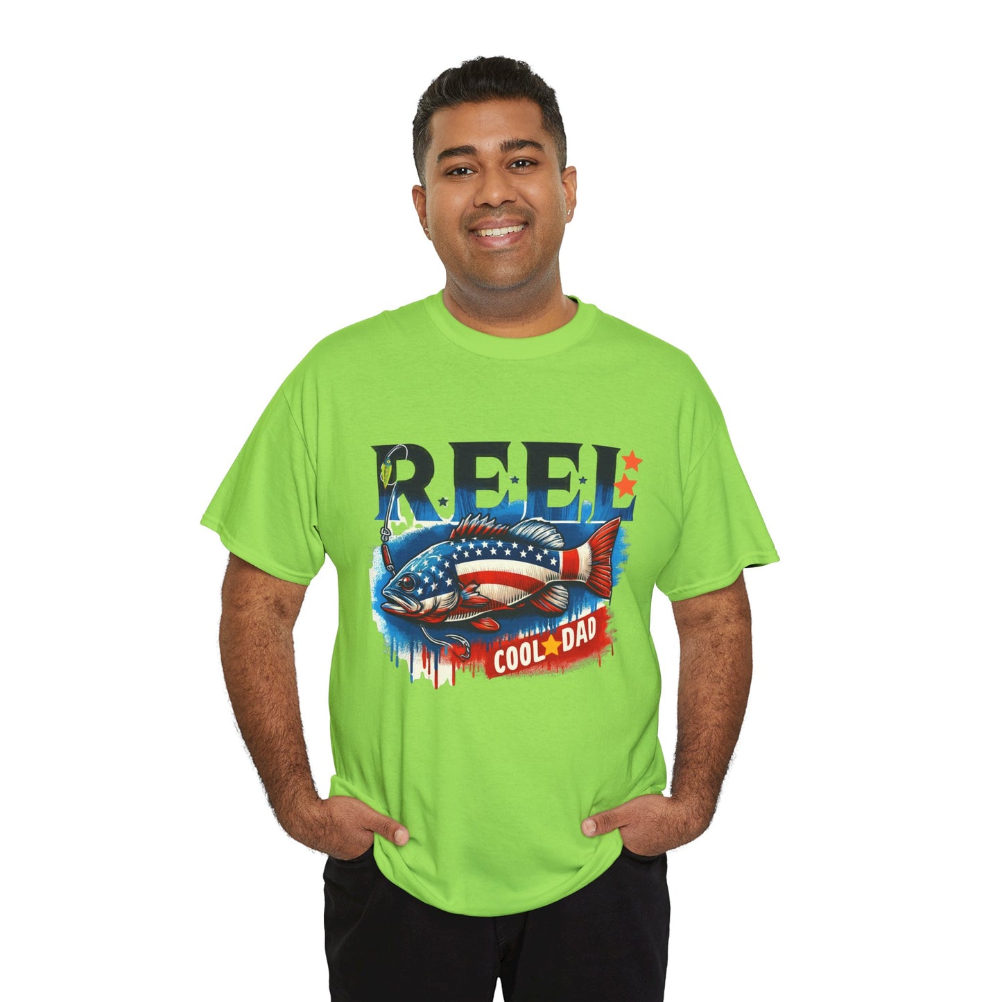 Gildan 5000 "Reel Cool Dad" Tee - Patriotic Fishing T-Shirt for Dads in Four Colors & Many Sizes