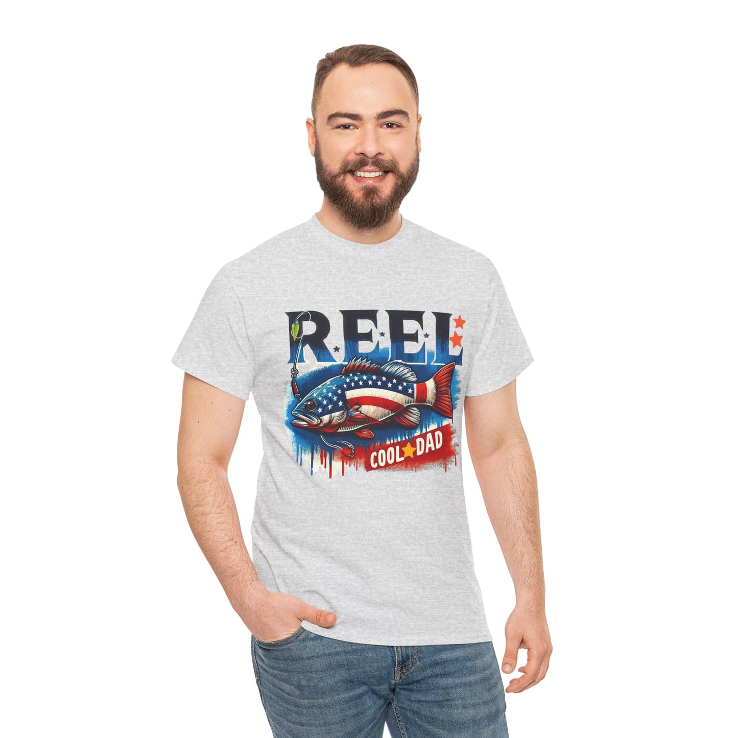 Gildan 5000 "Reel Cool Dad" Tee - Patriotic Fishing T-Shirt for Dads in Four Colors & Many Sizes