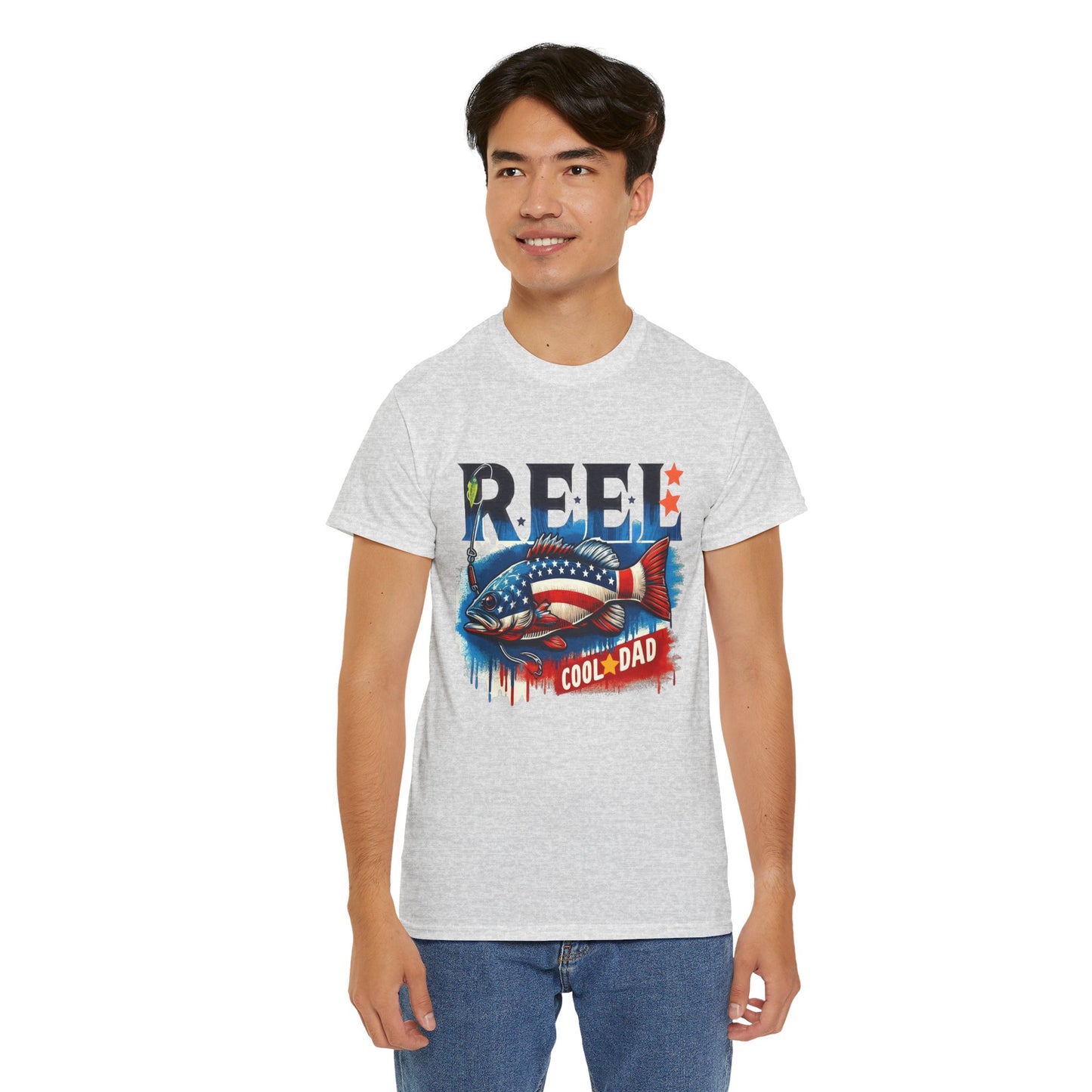 Gildan 5000 "Reel Cool Dad" Tee - Patriotic Fishing T-Shirt for Dads in Four Colors & Many Sizes
