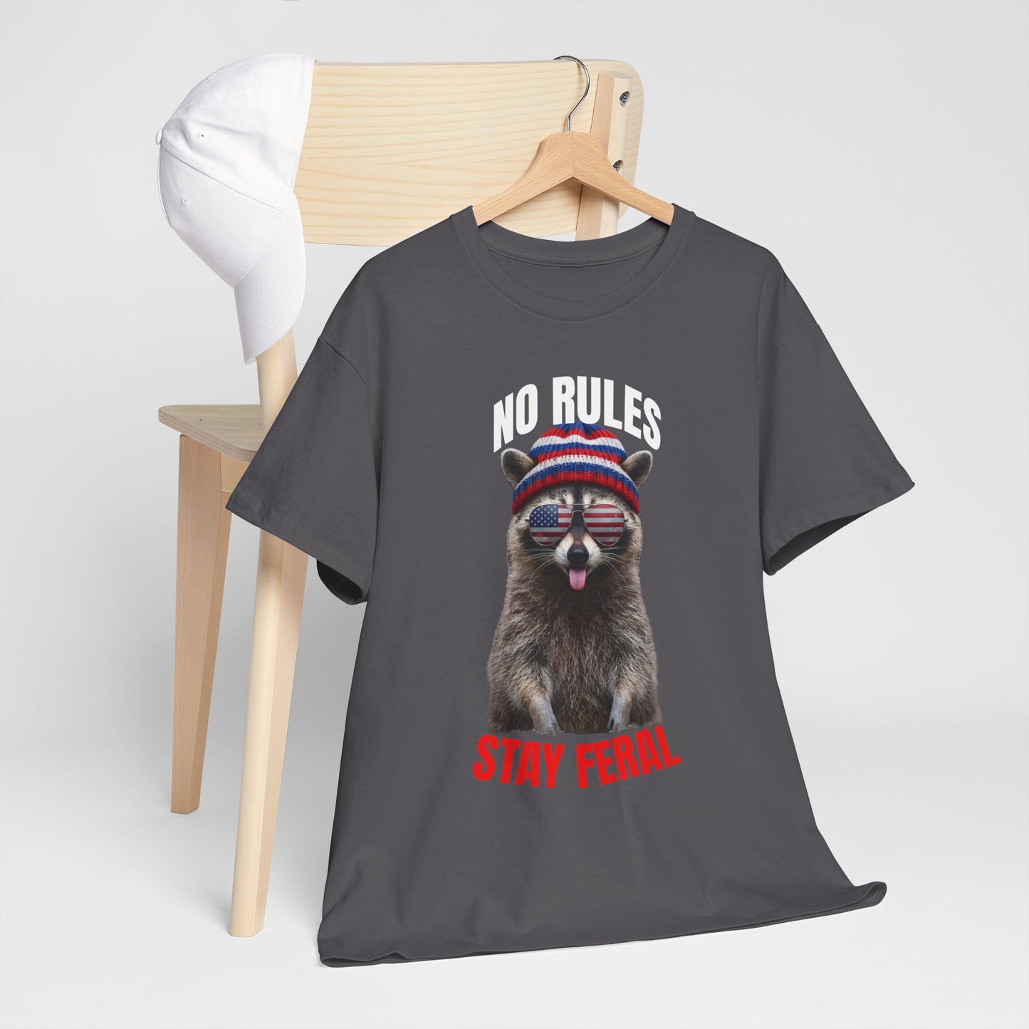No Rules Stay Feral Raccoon T-Shirt – Funny Patriotic Animal Graphic Tee