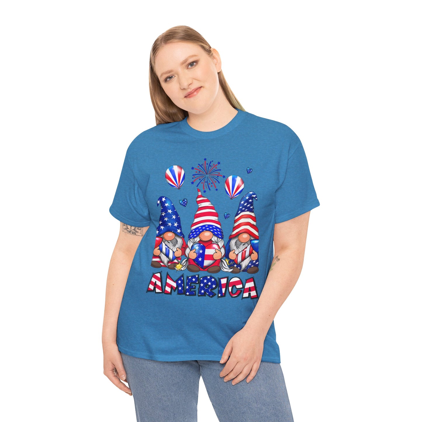 Gildan 5000 Patriotic Gnome Unisex Heavy Cotton Tee for Independence Day Asst. Colors & Sizes