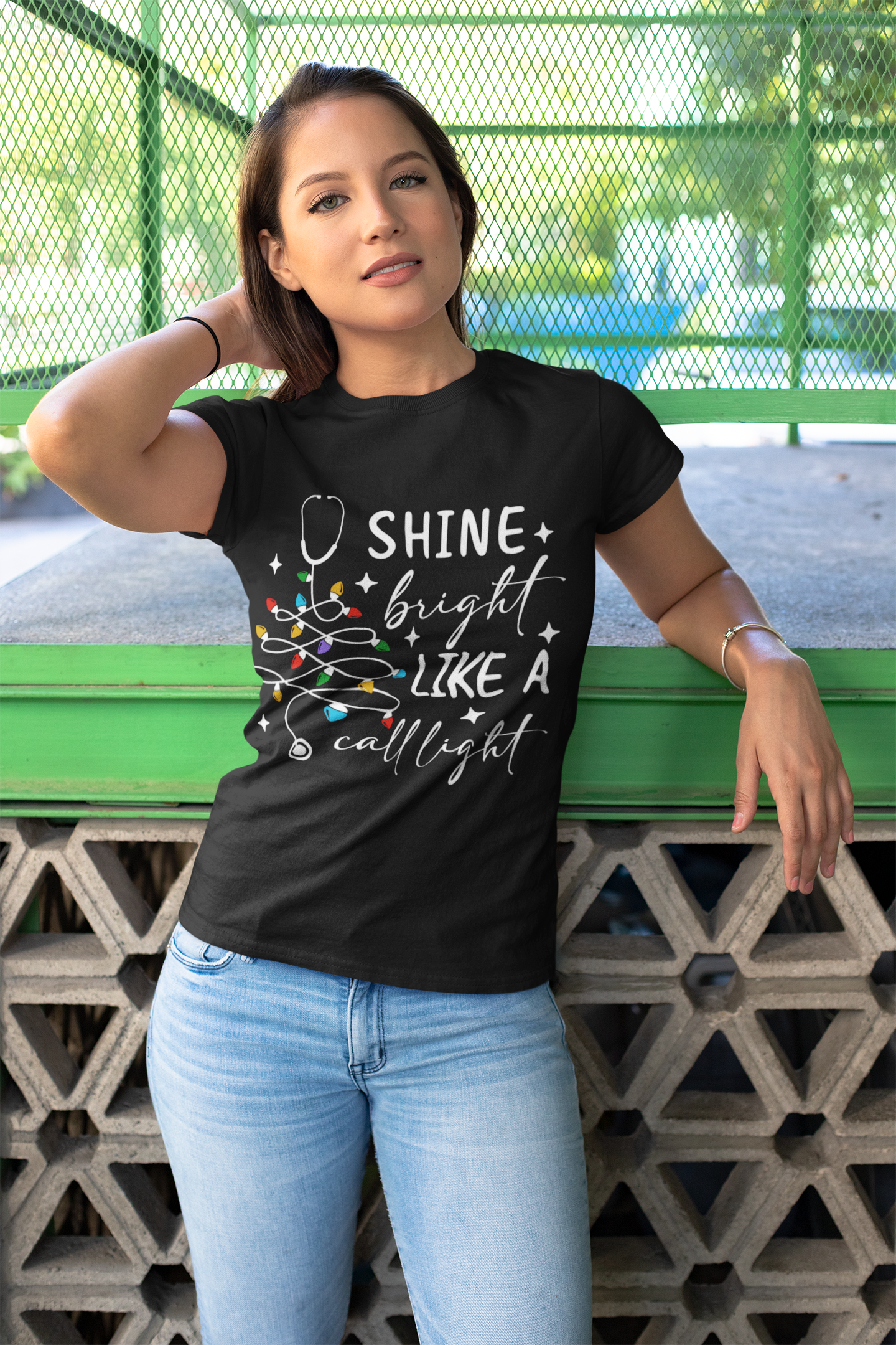 Shine Bright Like a Call Light™ | Nurse Christmas Shirt | Cute RN CNA Holiday Lights Tee | Healthcare Worker Christmas Gift