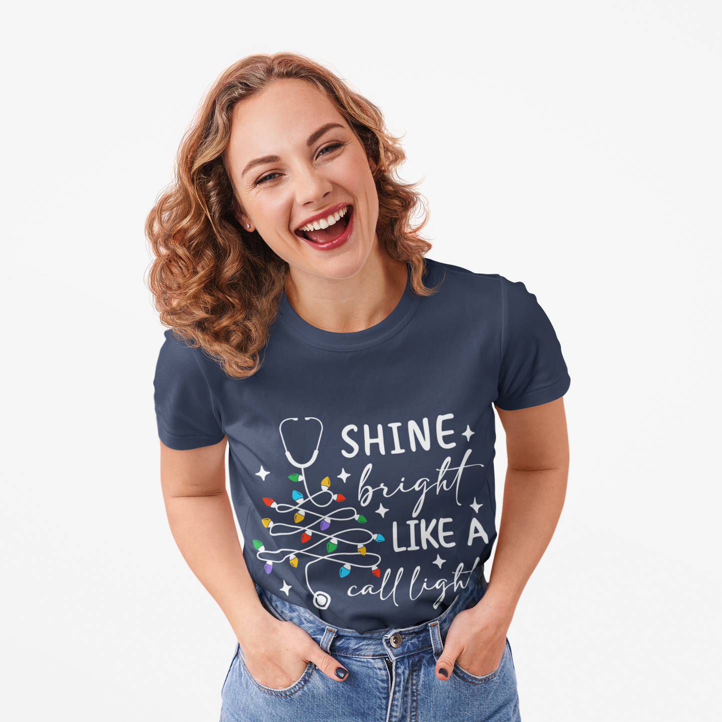 Shine Bright Like a Call Light™ | Nurse Christmas Shirt | Cute RN CNA Holiday Lights Tee | Healthcare Worker Christmas Gift