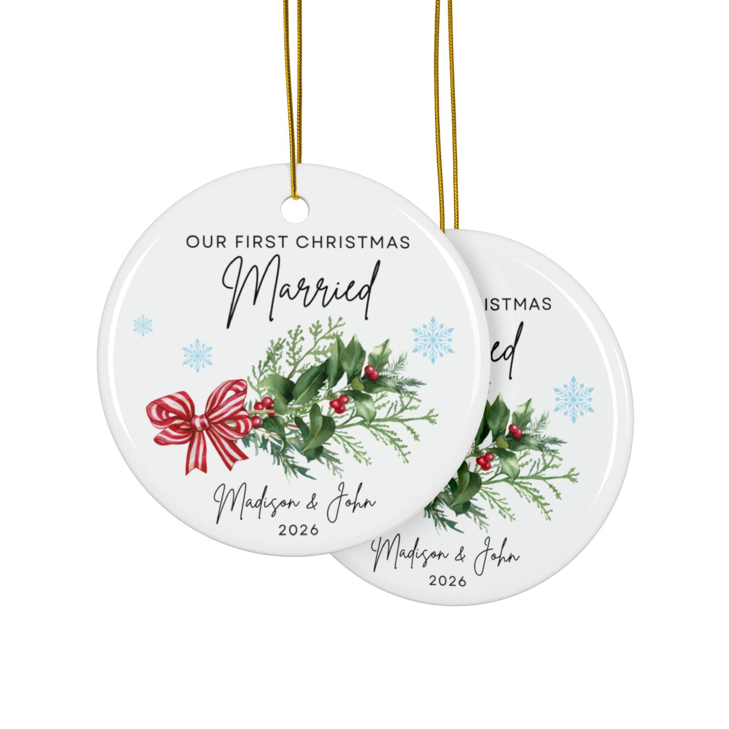 First Christmas Married Ceramic Ornament — Personalized Couple Keepsake (Two-Sided)