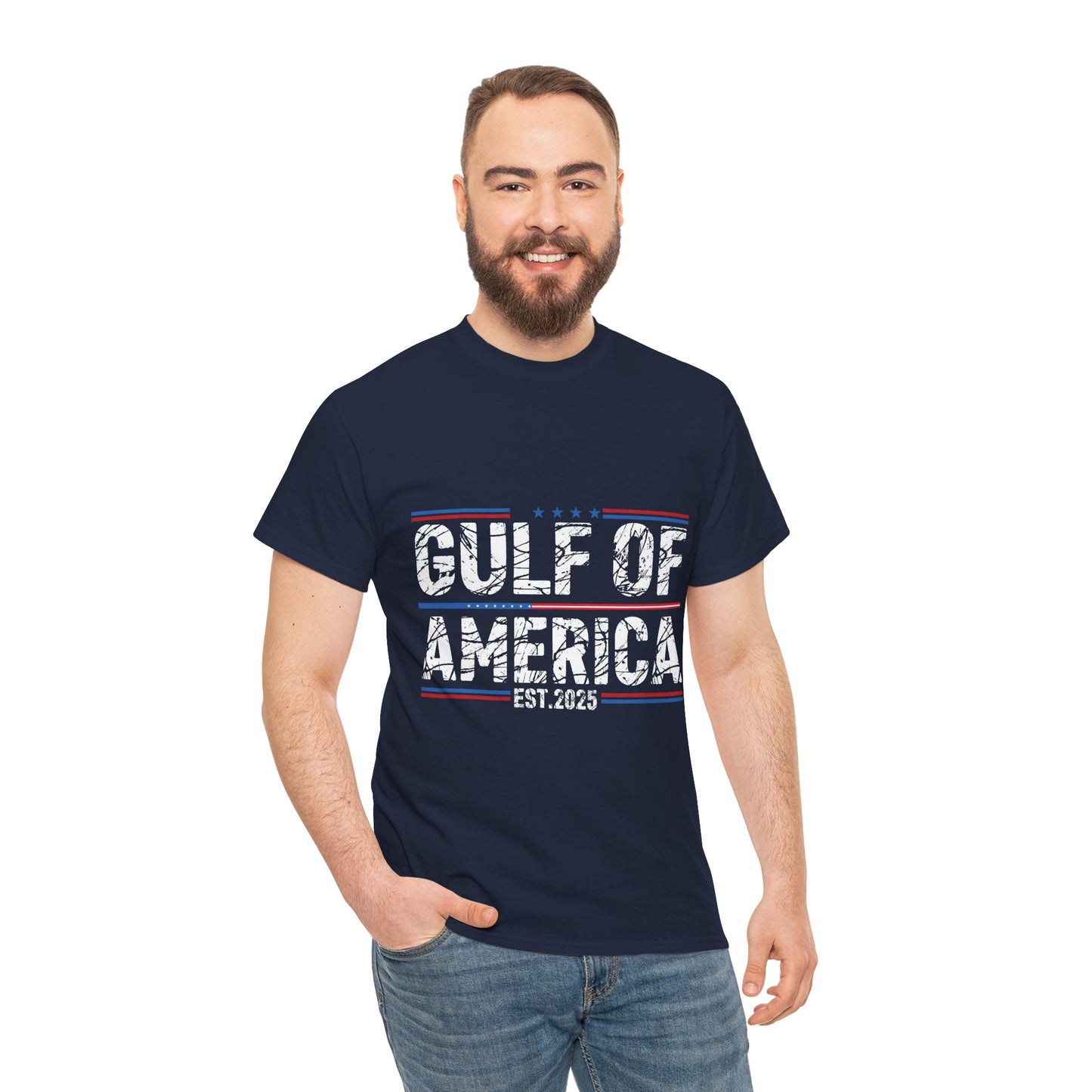 Gildan 5000 Patriotic Unisex Heavy Cotton Tee - Stars and Stripes Design "Gulf of America" Black. Asst. Sizes