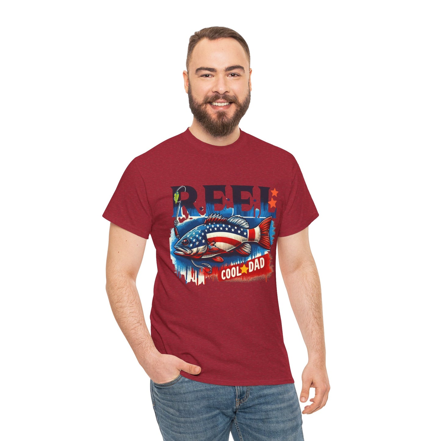 Gildan 5000 "Reel Cool Dad" Tee - Patriotic Fishing T-Shirt for Dads in Four Colors & Many Sizes